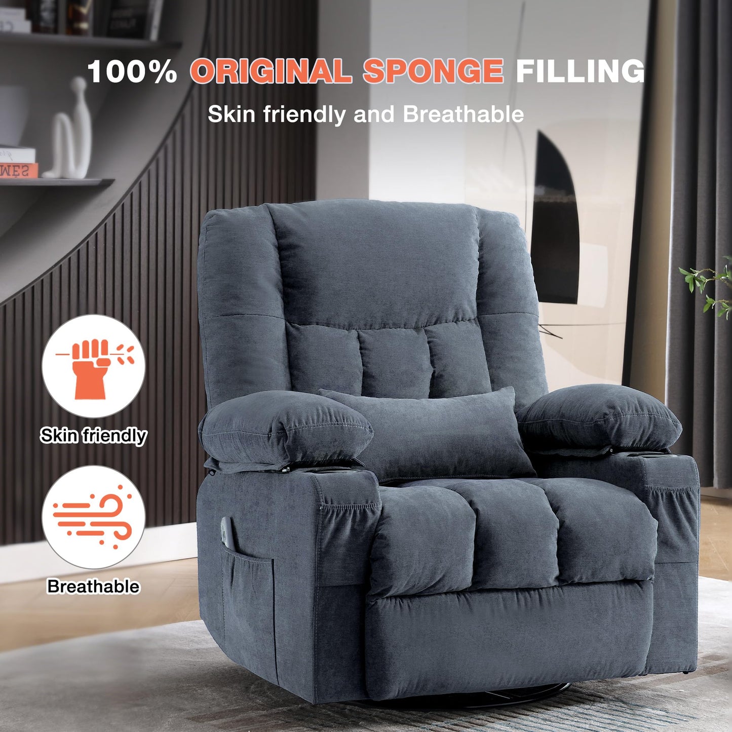 Massage Swivel Recliner Chair with Vibration Massage and Lumbar Heating for Adults, Oversized Rocker Recliner Single Sofa with Side Pocket, Two Cup Holders and USB Charge Port for Living Room