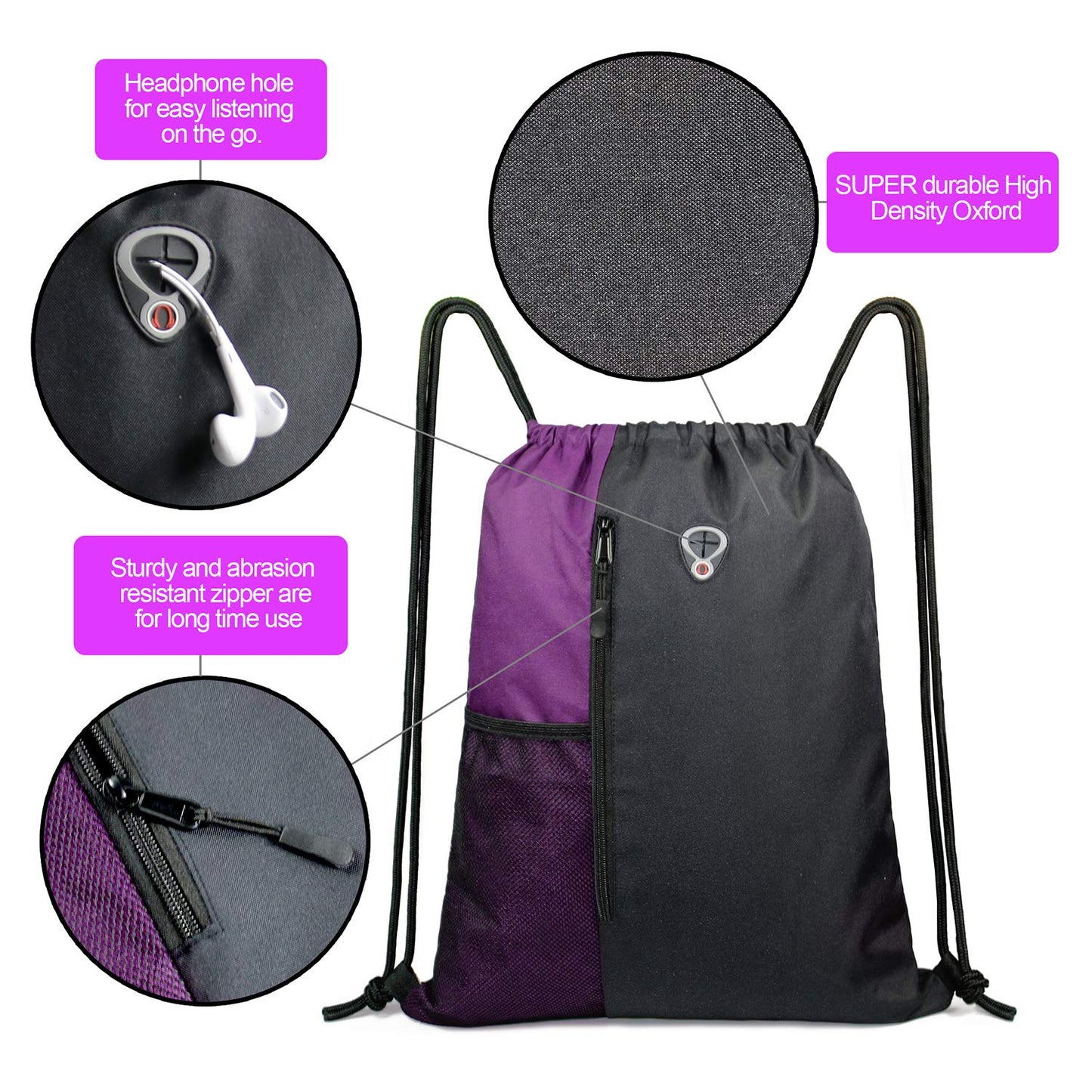 BeeGreen Purple Drawstring Backpack Sports Gym Bag for Women Men Large Cinch Sack workout Bag with Zipper and Water Bottle Mesh Pockets, 16 x 20 inch