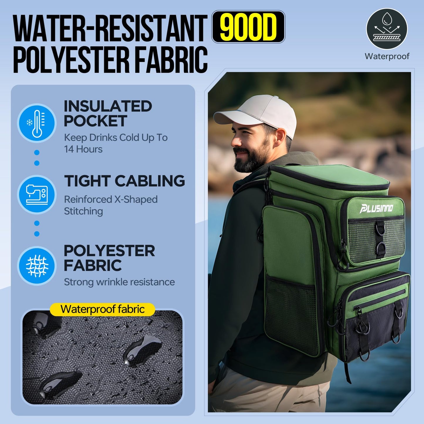 PLUSINNO Fishing Backpack with Rod Holders, 42L Water-resistant Fishing Tackle Bag With 4 Tackle Boxes,Fishing Gear For Camping, Hiking, Fishing Gifts for Men Green