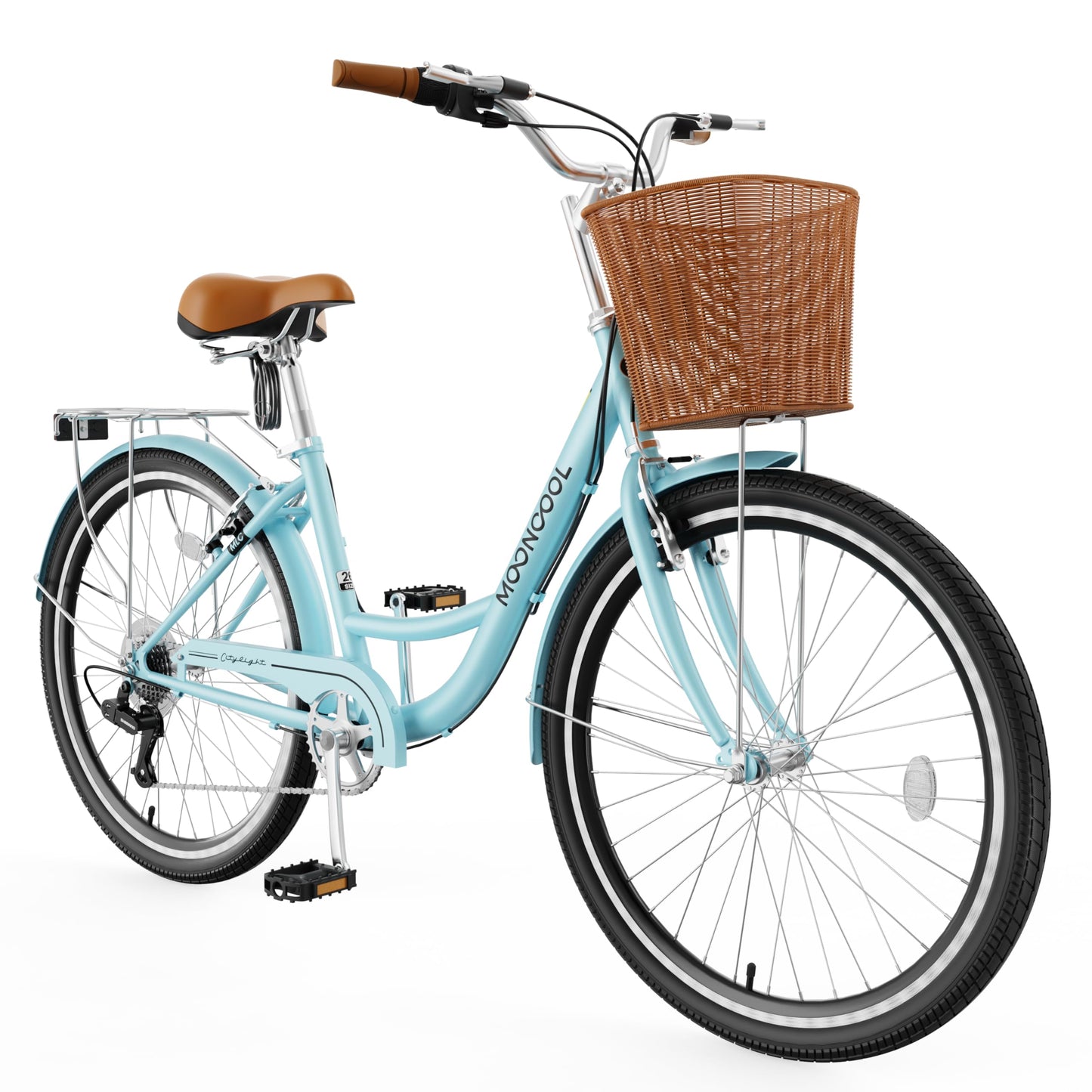 MOONCOOL Womens Bike 7 Speed, 24 26 inch Beach Cruiser Bikes for Women, Step Through Adult Bicycle with Front Basket for City Commuting