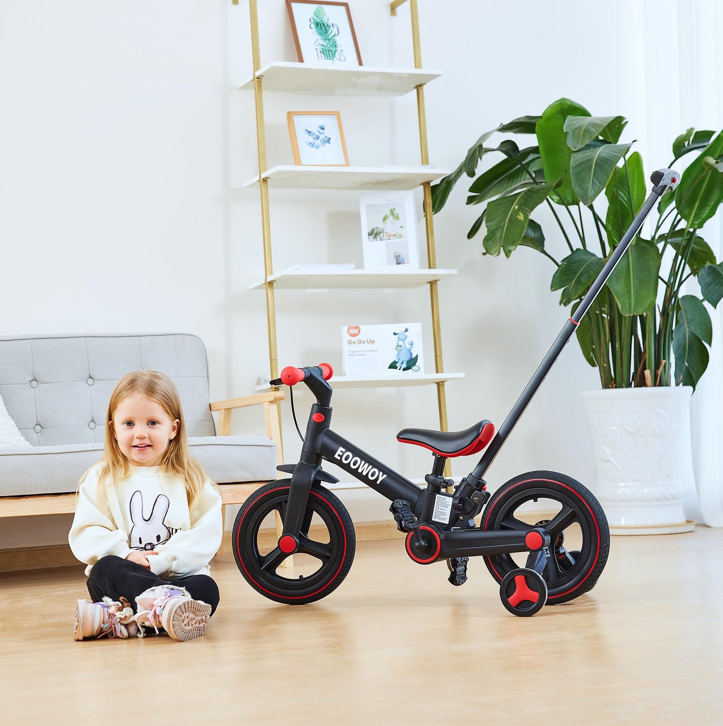EOOWOY Balance Bike with Push Handle for Kids 18-60 Months, 6 in 1 Foldable Push Bike with Training Wheels & Pedals, Balance Bicycle for Boys and Girls with Brakes & Kickstand, Black