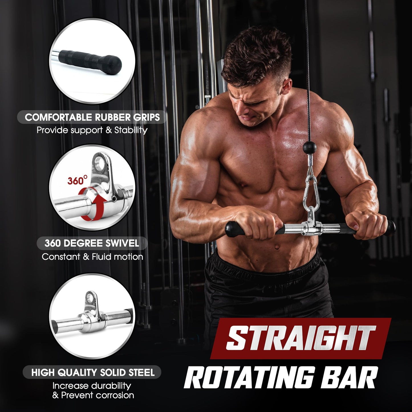 Yes4All 980 LBS Straight Bar Cable Attachment for Gym, LAT Tricep Pull Down Bar with Rubber Handle Grip Carabiner Included