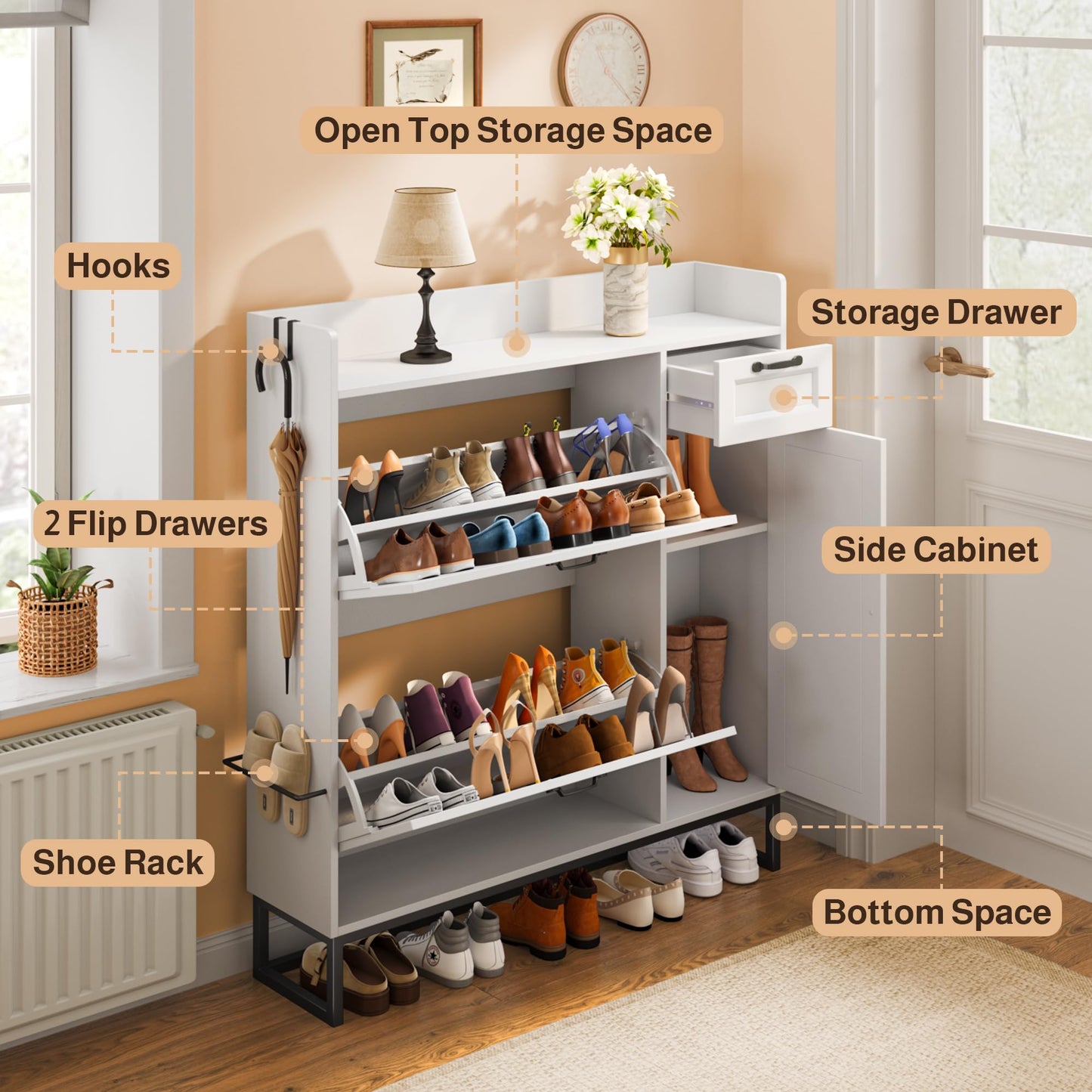 Ahomly 42" White Shoe Cabinet - 2 Flip Drawers (Adjustable), Side Cabinet, Storage Drawer & Open Top - Side Hooks for Shoes & Accessories - Space-Saving Entryway/Hallway Organizer