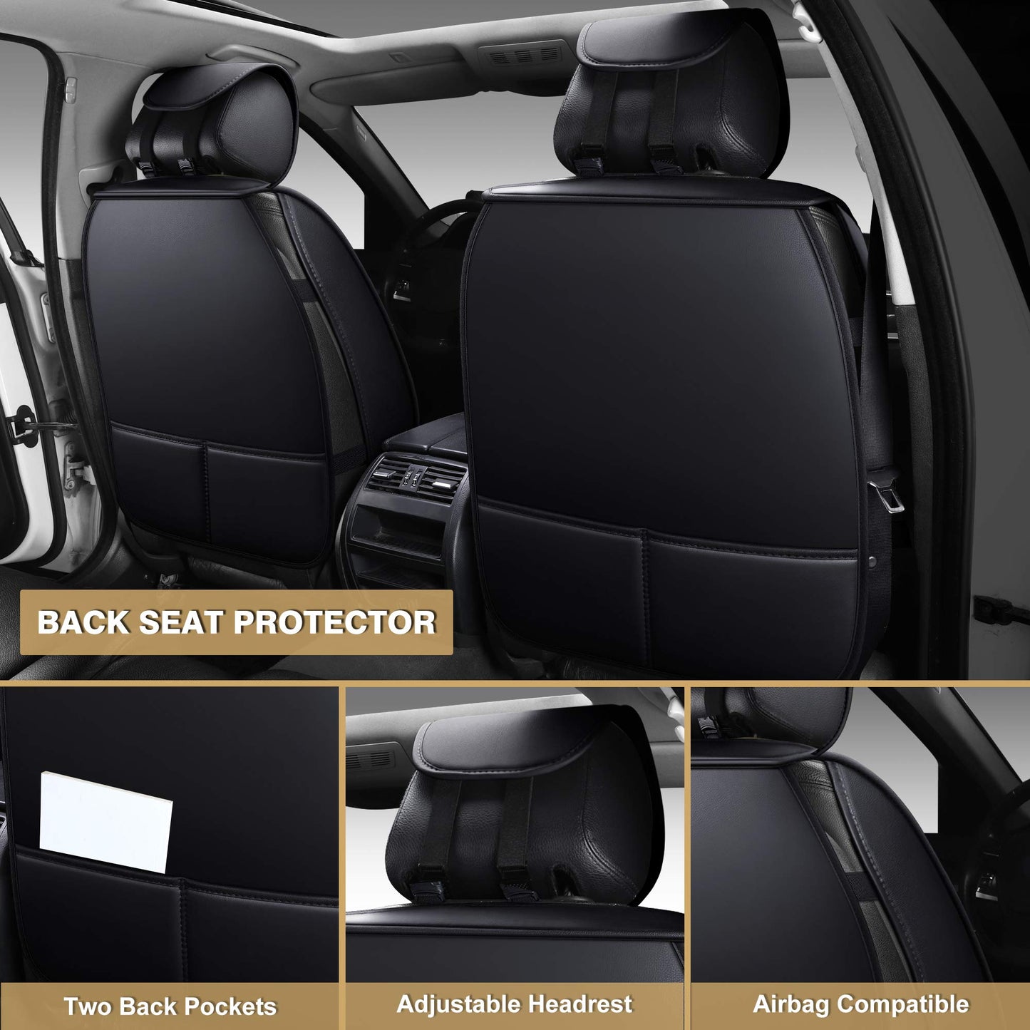 AOOG Leather Car Seat Covers, Automotive Vehicle Cushion Cover for Cars SUV Pick-up Truck, Universal Non-Slip Vehicle Cushion Cover Waterproof Protectors Interior Accessories, Full Set Black