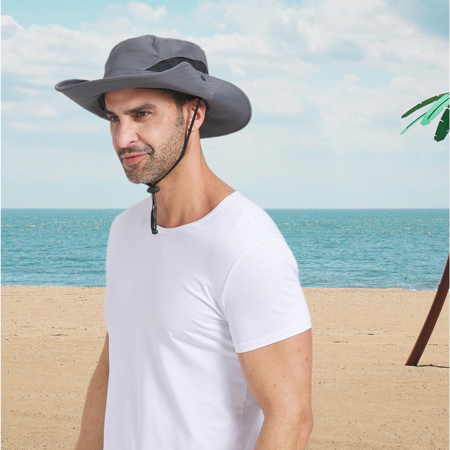 PFFY Sun Bucket Hat for Men 3” Wide Brim UPF 50+ Bucket Fishing & Beach Hats Khaki