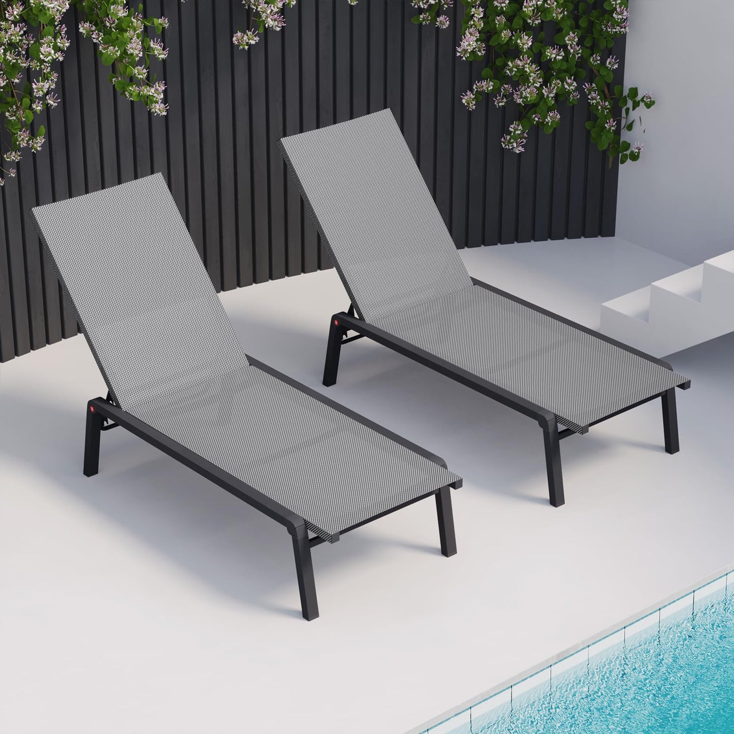 FHVIT Patio Chaise Lounge Set of 2 with 4 Adjustable Backrest, Foldable Aluminum Chaise Lounge Chair Recliner for Outdoor, Poolside, Sun Tanning Grey