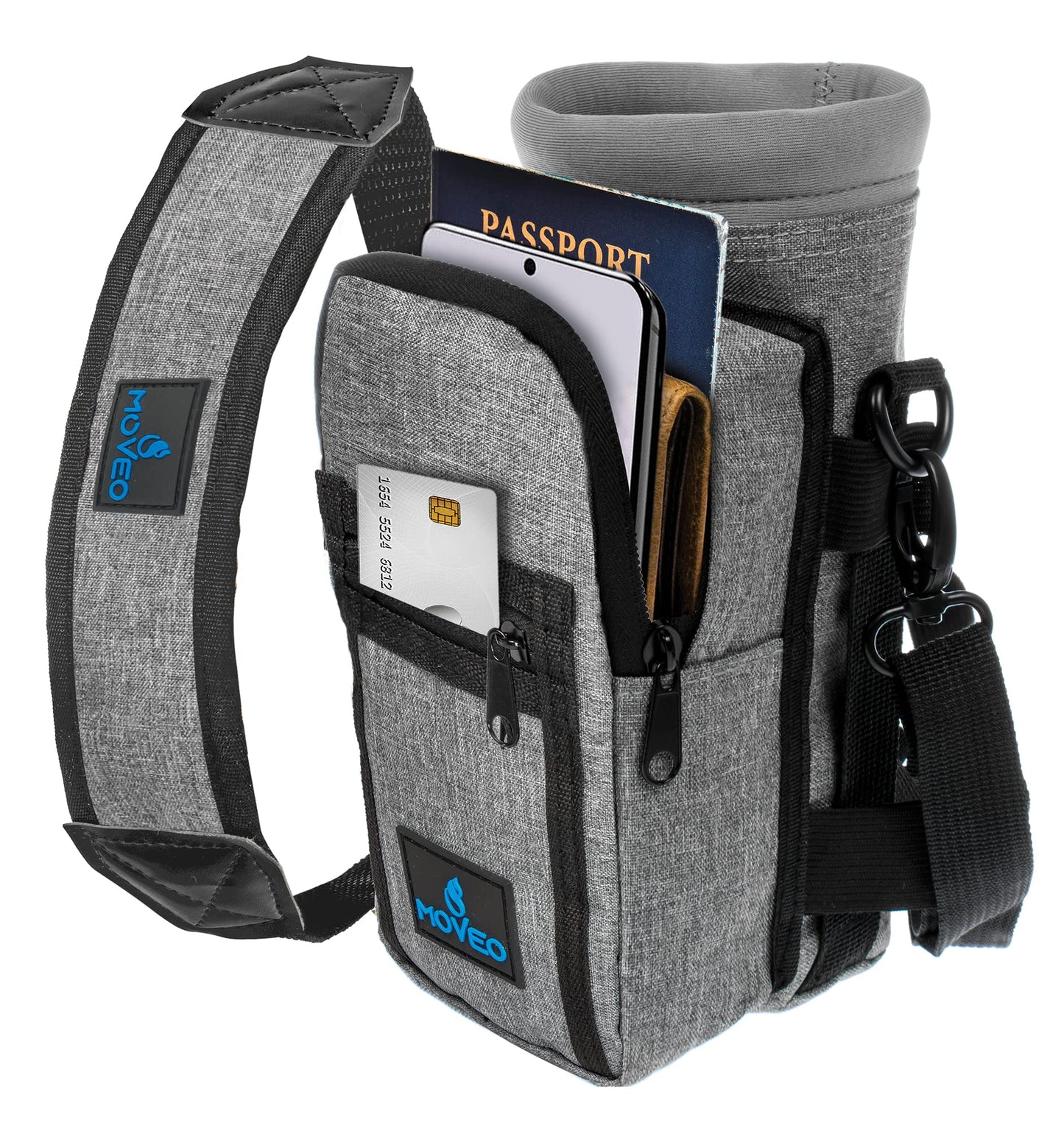 Water Bottle Holder/Carrier, Insulated w/Adjustable Shoulder Strap & Front Pockets - Comfortable Crossbody Water Bottle Holder - Water Bottle Sling Fits 16oz to 25oz Bottles
