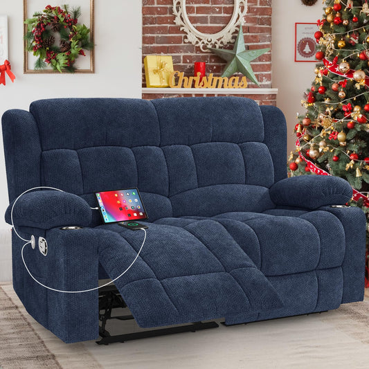 IROSTAE Loveseat Recliner Sofa, 2 Seater Minimalist Style Fabric Manual Pull Tab Reclining Loveseat with USB Charge Ports, Cup Holders, Recliner Love Seat Couches for Living Room, RV, Blue