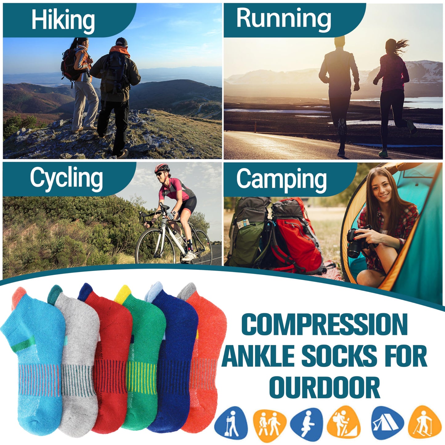 Anlisim Merino Wool Quarter Hiking Socks Compression Warm Thermal Winter Thick Cushion Running Moisture Wicking No Show Socks Gifts Stocking Stuffers for Women Men 6 Pairs(Assorted,L)