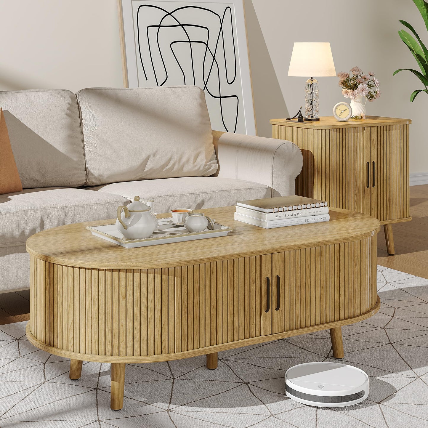 Alohappy Oval Coffee Table, Mid Century Modern Coffee Table with Sliding Tambour Door, Fluted Center Table with Hidden Storage, Curved Profile Dining Table for Living Room, Home Office,Natural Oak