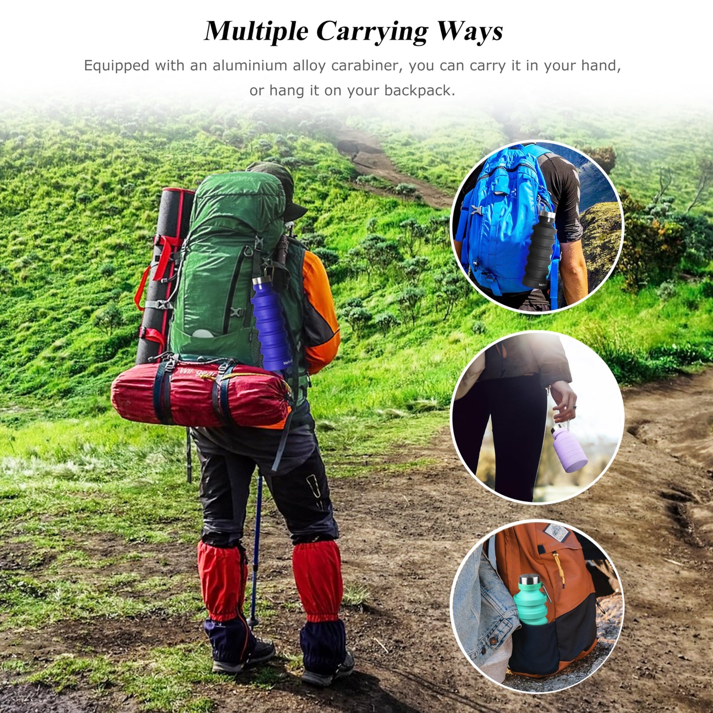 Nefeeko Collapsible Water Bottle, Reuseable BPA Free Silicone Foldable Water Bottles for Travel Gym Camping Hiking, Portable Leak Proof Sports Water Bottle with Carabiner