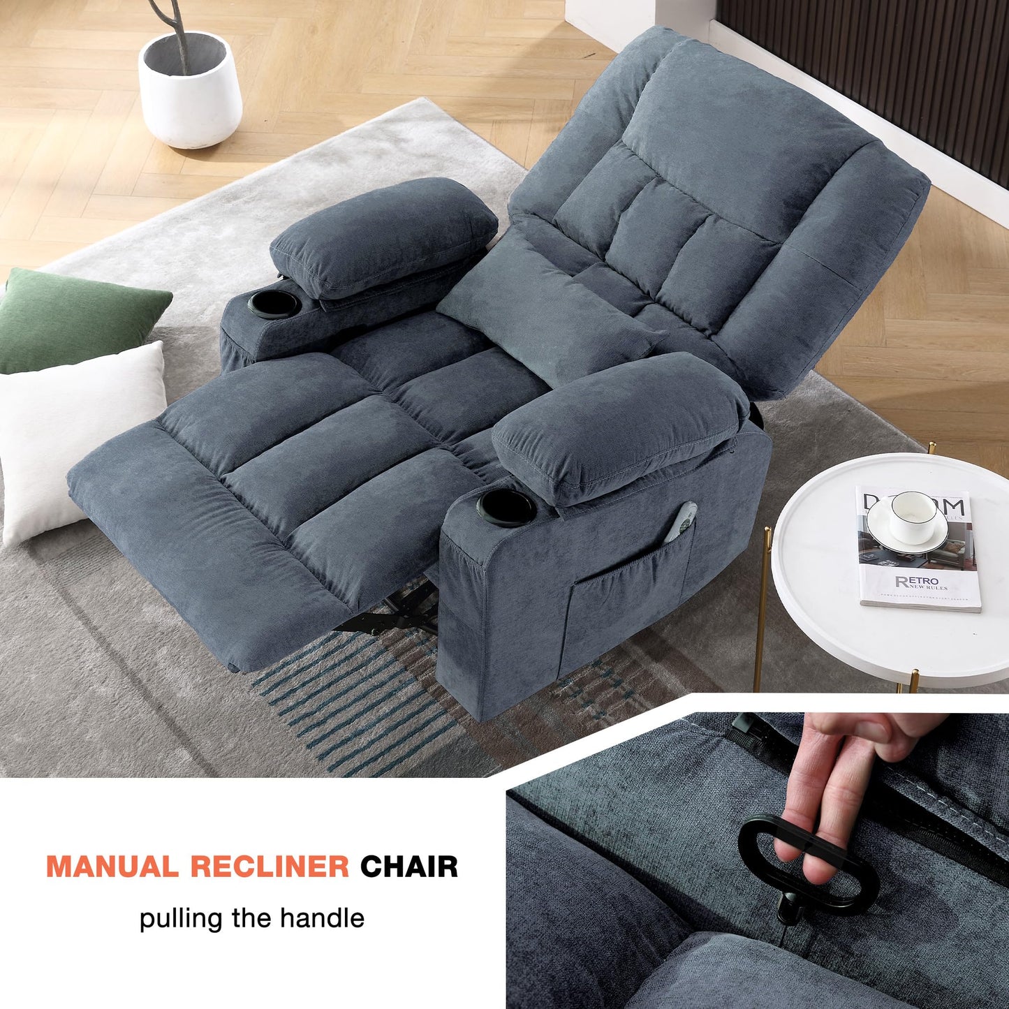 Massage Swivel Recliner Chair with Vibration Massage and Lumbar Heating for Adults, Oversized Rocker Recliner Single Sofa with Side Pocket, Two Cup Holders and USB Charge Port for Living Room