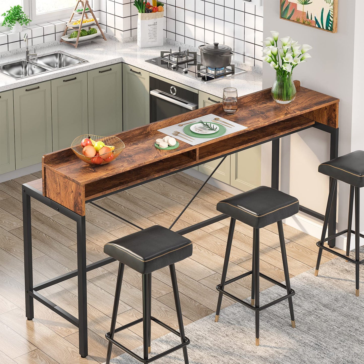 Tribesigns 71-Inch Extra Long Sofa Table Behind Couch, Narrow Console Table with Storage Shelves, Behind Couch Bar Table, Industrial Entryway Table for Living Room, Hallway, Rustic Brown