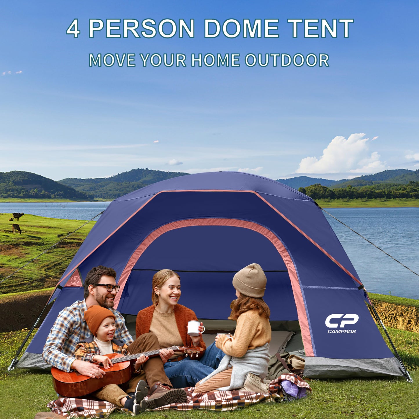 CAMPROS CP 4 Person Tent, Dome Tents for Camping with Rainfly, Waterproof Camping Tent Easy Set Up, Portable Family Tent with Large Mesh Window & Carry Bag for Outdoor Hiking