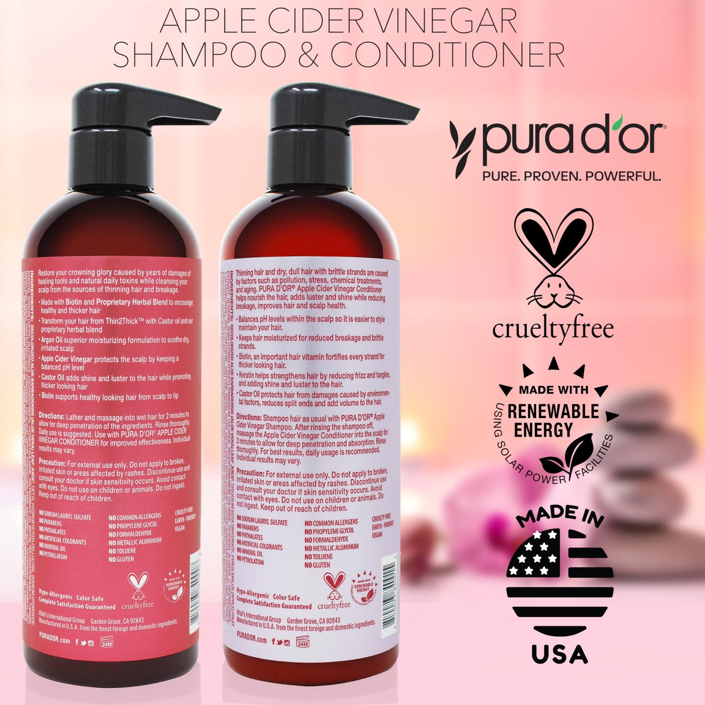 PURA D'OR Apple Cider Vinegar Thin2Thick Set (16oz x 2) ACV Shampoo & Conditioner, Clarifying - Biotin, Keratin, Caffeine, Castor Oil, Aloe - All Hair Types, Men & Women (Packaging may vary)