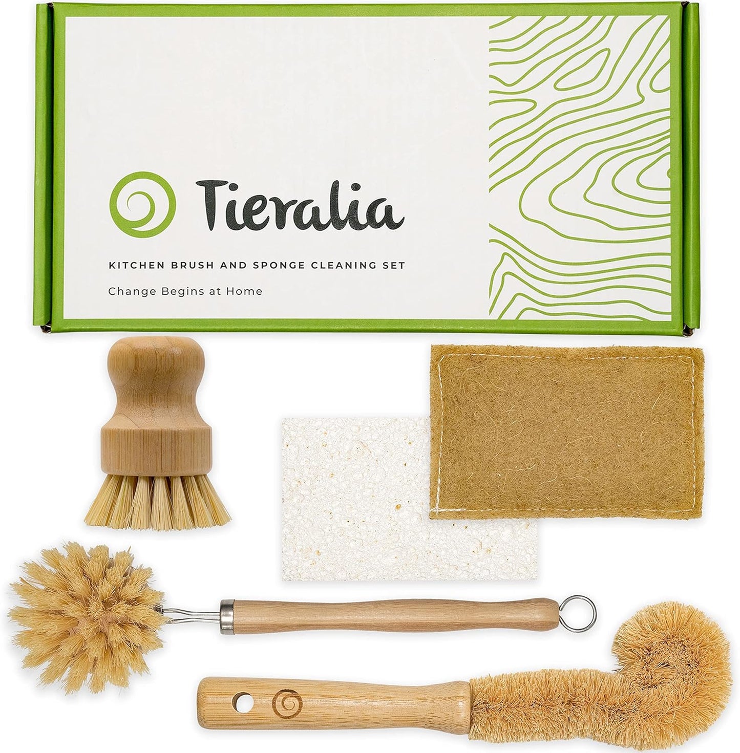 Tieralia 5-Piece Eco-Friendly Bamboo Dish Brush Set with Compostable Wood Pulp Sponges | Bamboo Kitchen Cleaning Set