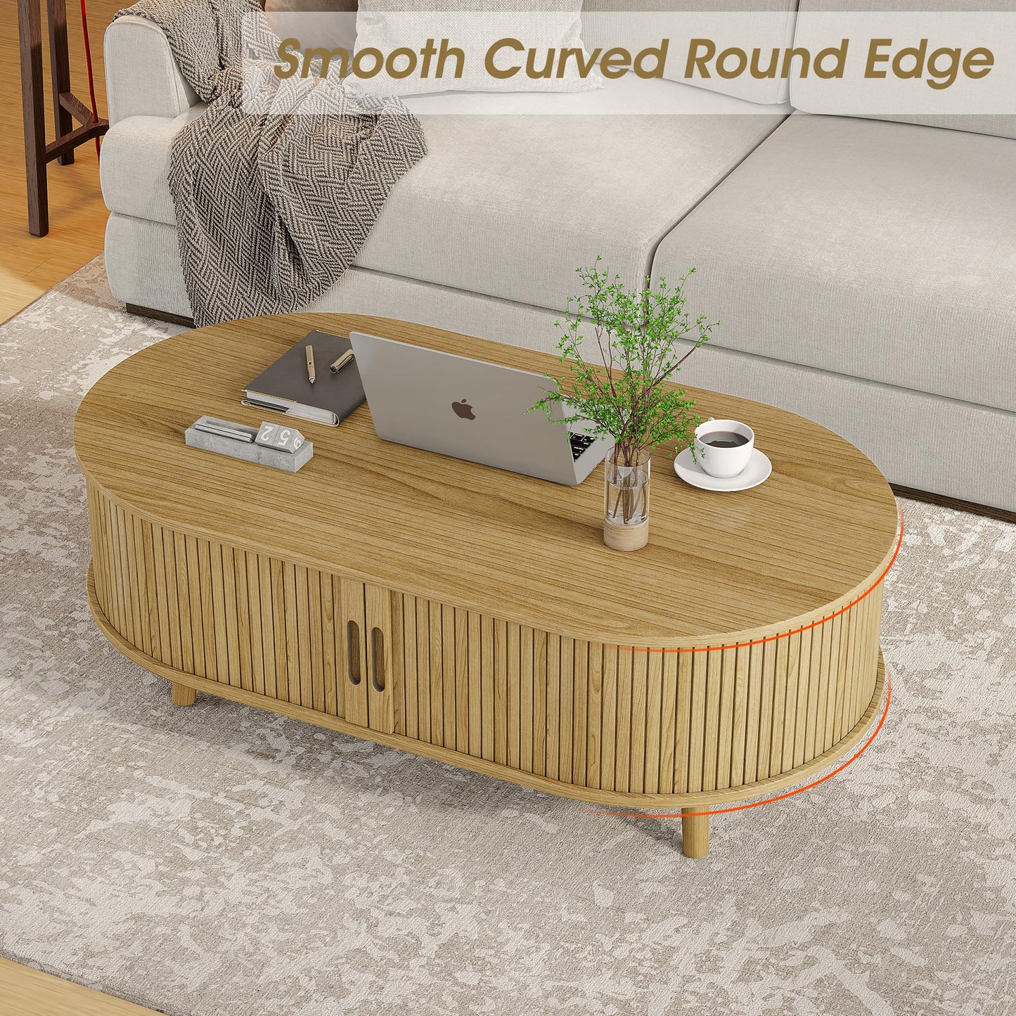 Alohappy Oval Coffee Table, Mid Century Modern Coffee Table with Sliding Tambour Door, Fluted Center Table with Hidden Storage, Curved Profile Dining Table for Living Room, Home Office,Natural Oak
