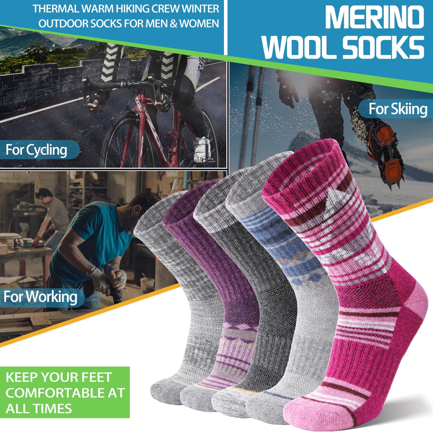 ANTSANG Merino Wool Hiking Socks for Men & Women Thermal Warm Winter Thick Cozy Athletic Crew Work Boot Gift Socks Stocking Stuffers 5 Pairs(Nordic,L)