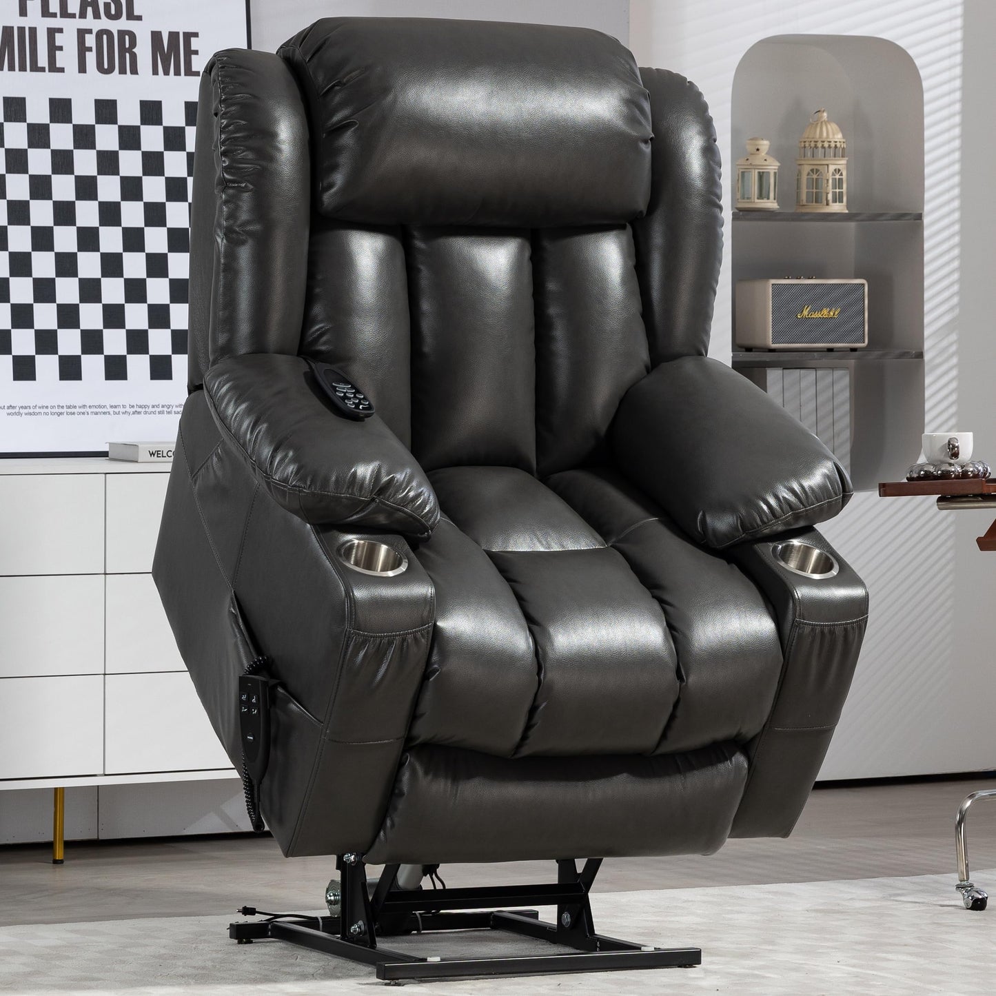 EZZUP Lay Flat Lift Recliner Chair with Massage & Heat for Elderly People, Electric Power Lift Chair w/Dual Motor, 2 Stainless Steel Cup Holders and 2 Remote Controls, Breathable Leather Grey