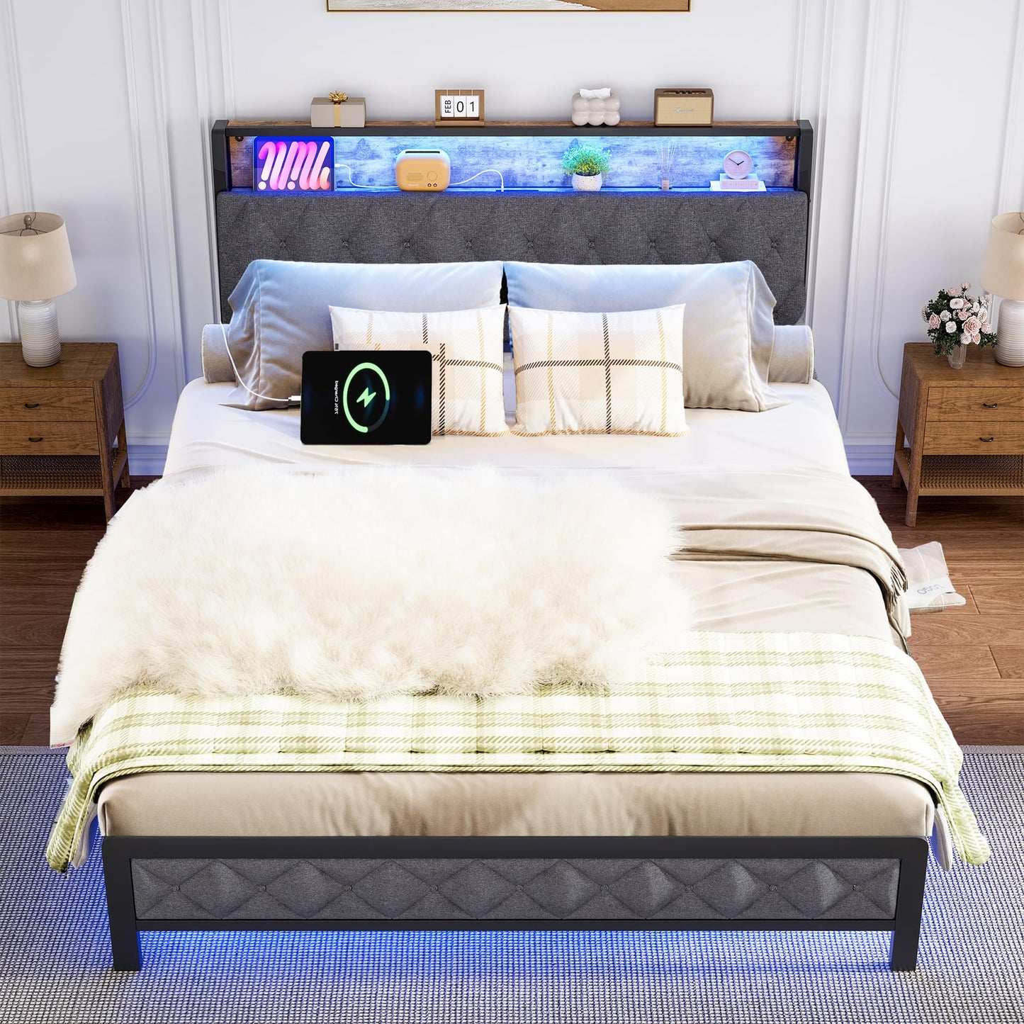 Ailisite Full Size Bed Frame with Storage Headboard and Charging Station, Led Bed Frame Full Size with Charging Station, Upholstered Platform Bed Frame with Hidden Storage, Easy Assembly, Dark Grey