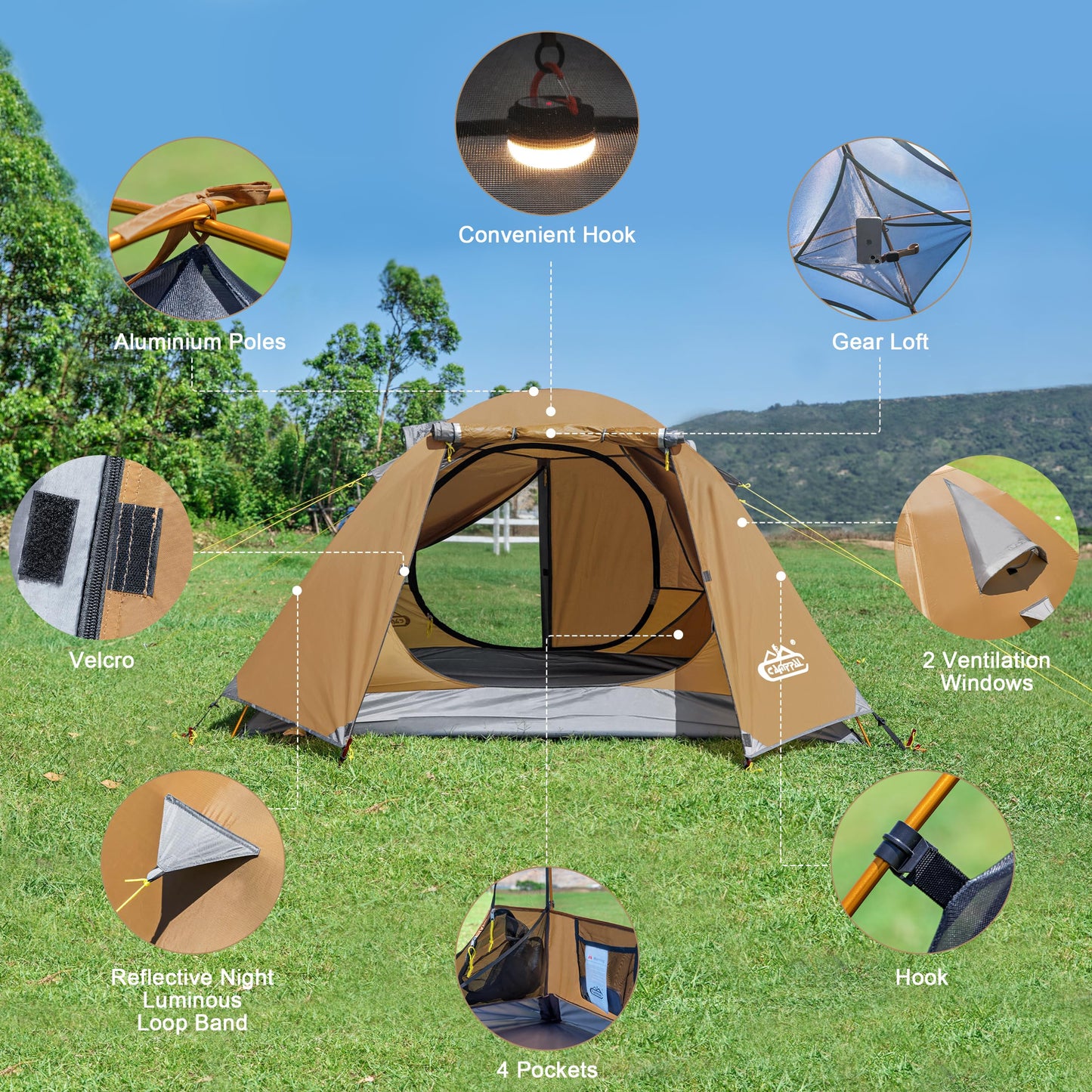 Camppal 2-3 Person Backpacking Tent, Waterproof Windproof 4 Season Tent for Camping, Easy Setup 2 Person Tent for Backpacking, Hiking, Hunting, Motor Cycling & Biking