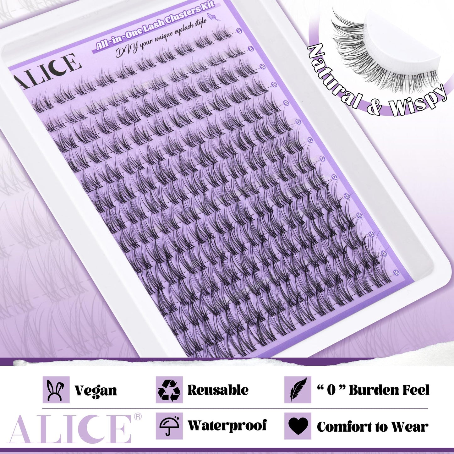 ALICE Cluster Eyelash Extension Kit Natural Wispy Lash Clusters Kit Lash Extension Kit Clear Band 168pcs C Curl 11-13mm Individual Lashes with Lash Glue Bond and Seal Self Application at Home