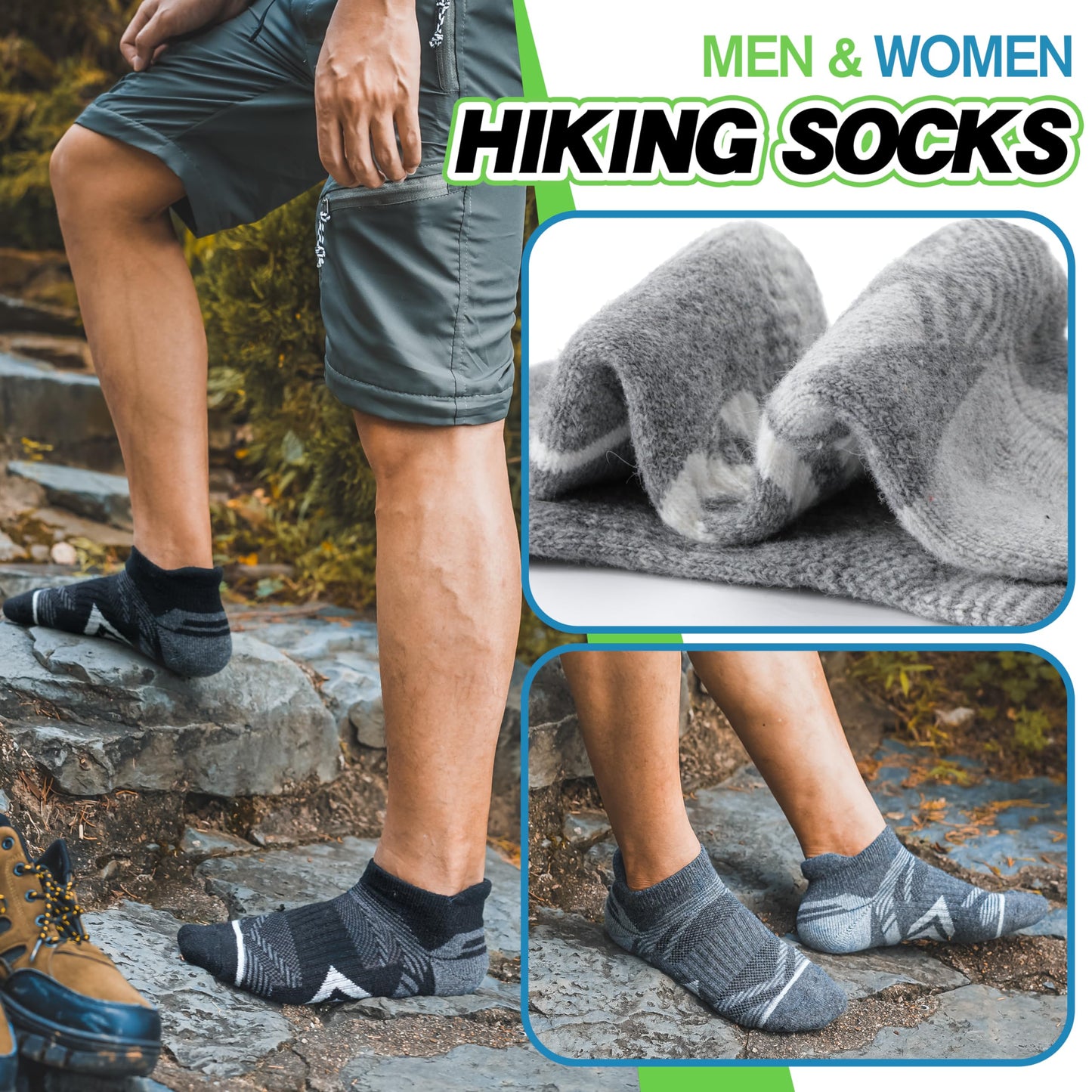 ANTSANG Merino Wool Ankle Hiking Socks Compression Warm Thermal Thick Cushion Winter Running No Show Moisture Wicking Socks Gifts Stocking Stuffers for Women Men 6 Pairs(Black Grey,L)