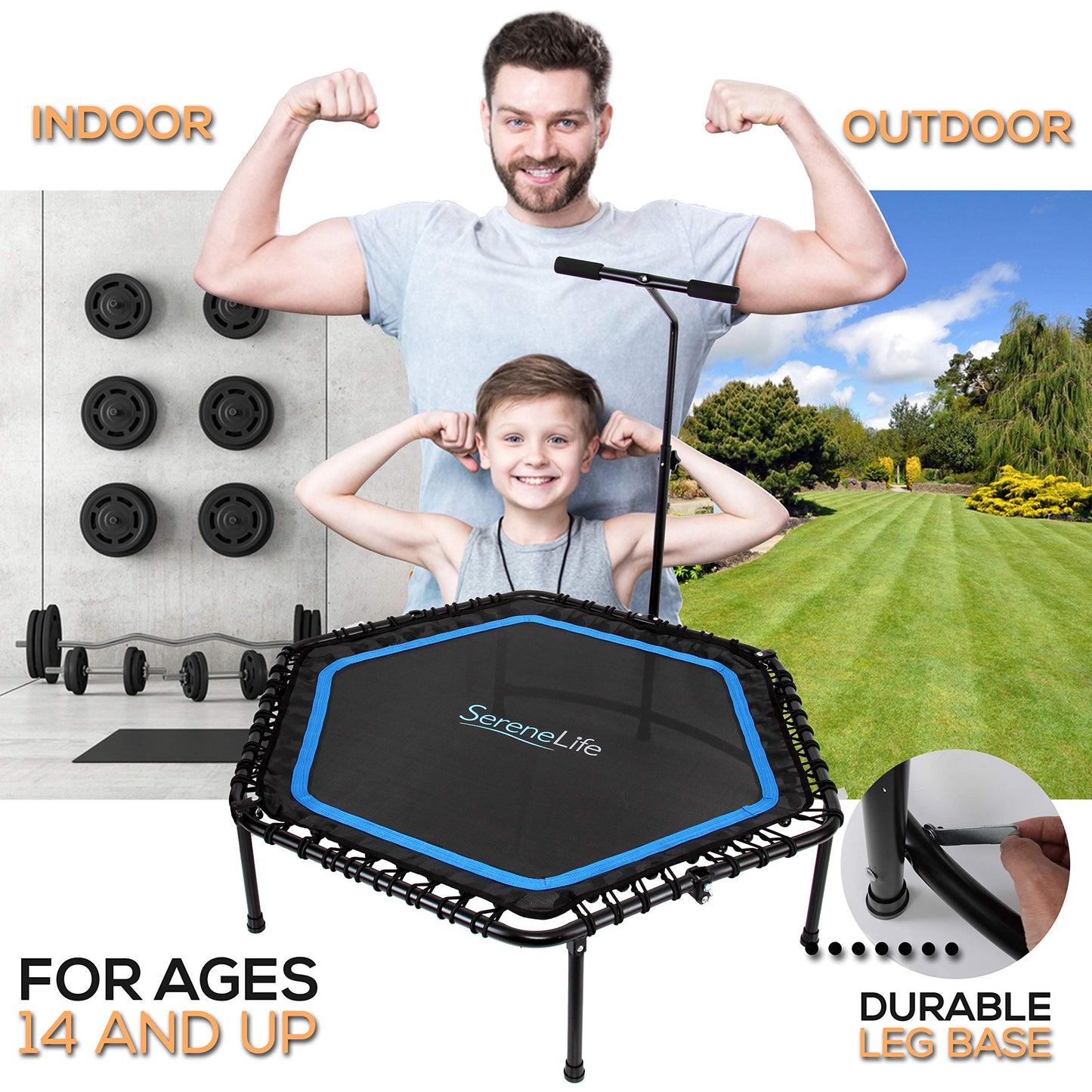 SereneLife Fitness Exercise Rebounder Mini Trampoline-48' Inch Hexagonal Jump Exercise Equipment Mini Trampoline For Adults-Rebounders Mini Trampolines For Adults With Bar Handle-SereneLife SLELT518