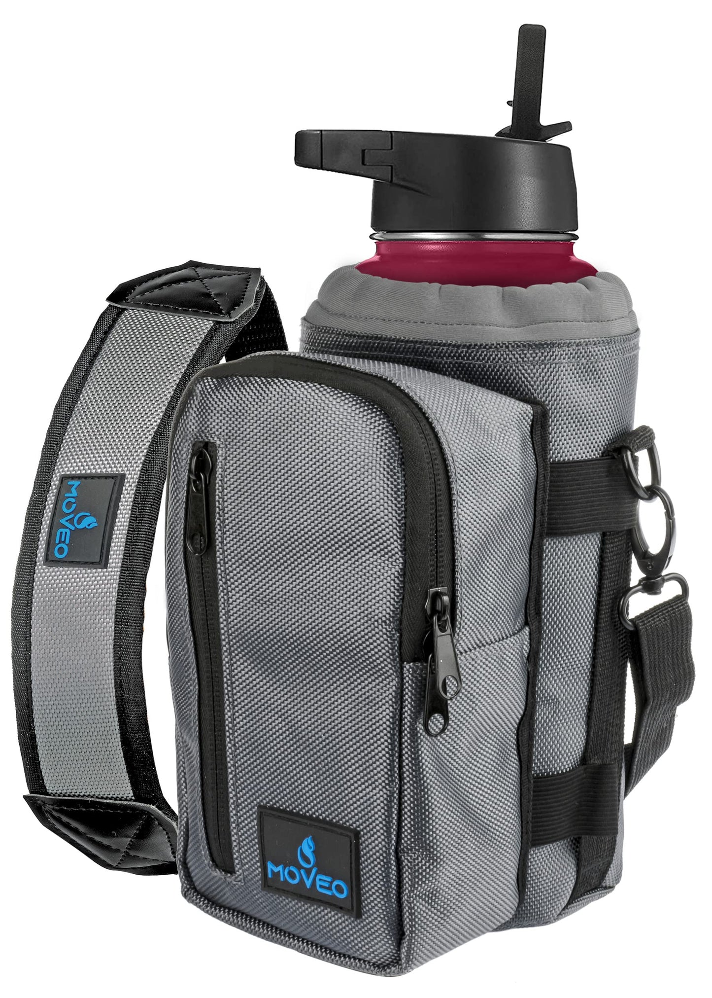 Water Bottle Holder/Carrier, Insulated w/Adjustable Shoulder Strap & Front Pockets - Comfortable Crossbody Water Bottle Holder - Water Bottle Sling Fits 25oz to 40oz Bottles