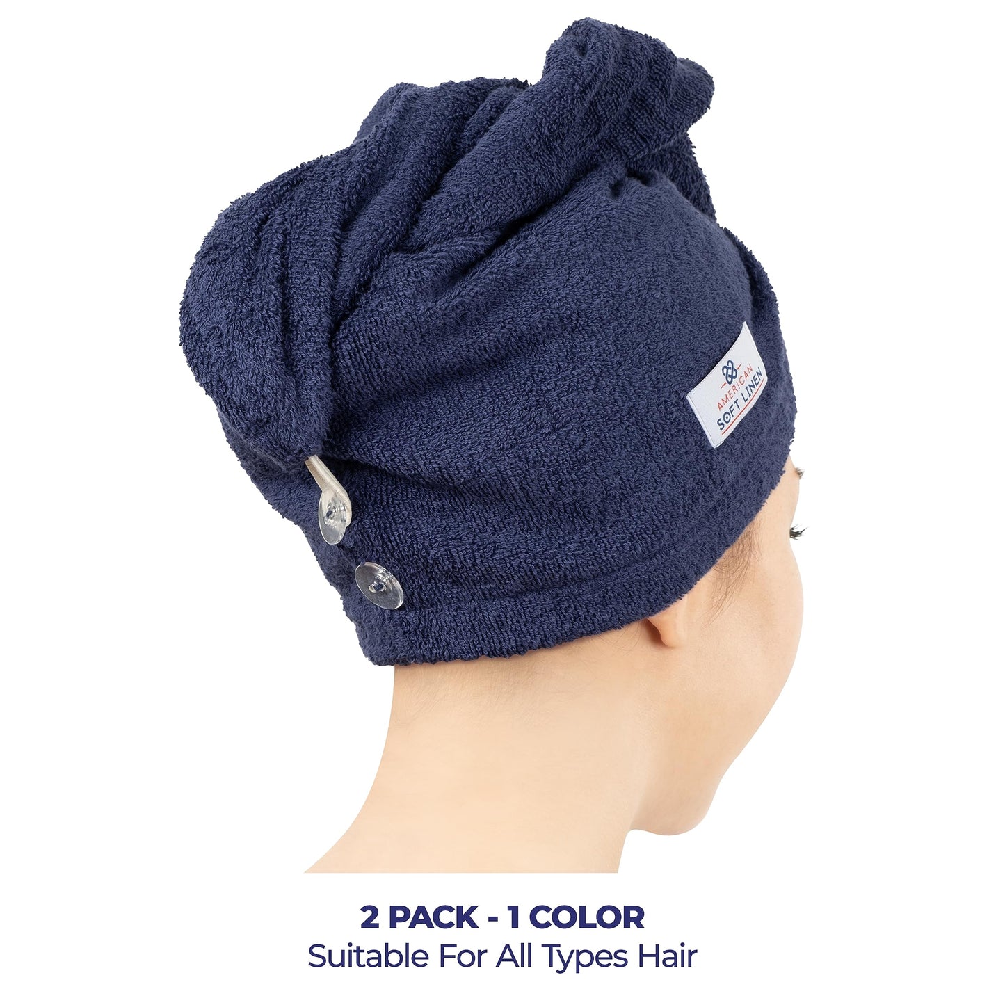 American Soft Linen 100% Cotton Hair Towels for Women, Head Towel Cap, Cotton Hair Turban Towel Wrap for Long Curly Anti Frizz Hair, Soft and Absorbent Cotton Hair Towels 2 Pack, Navy Blue