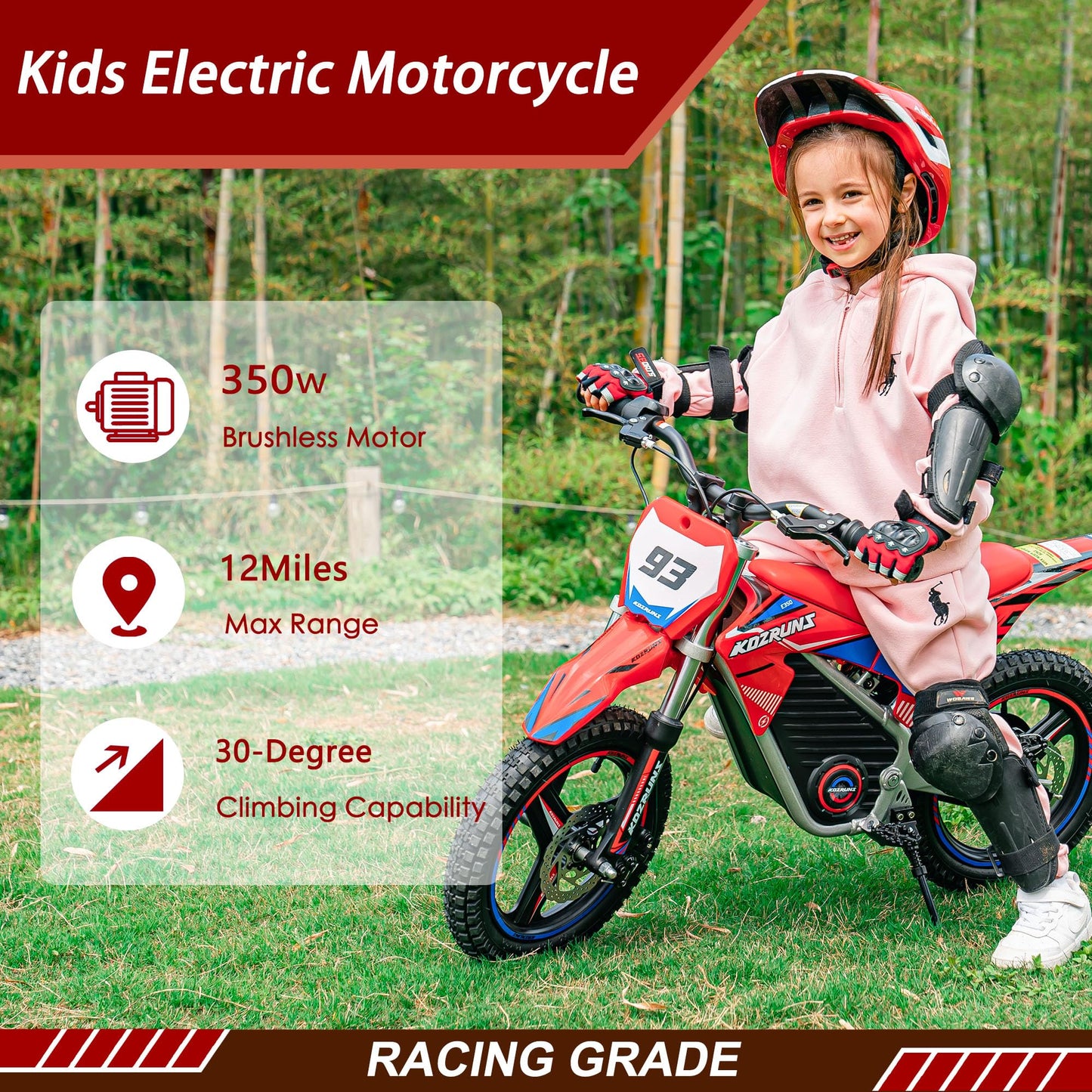 OLALA 36V Electric Dirt Bike for Kids Aged 4-8, Brushless 350W Racing Grade Electric Motorcycle, Up to 18.6MPH & 3 Speed Settings, Dual Disc Brakes, 14'' Off-Road Knobby Tires, Red