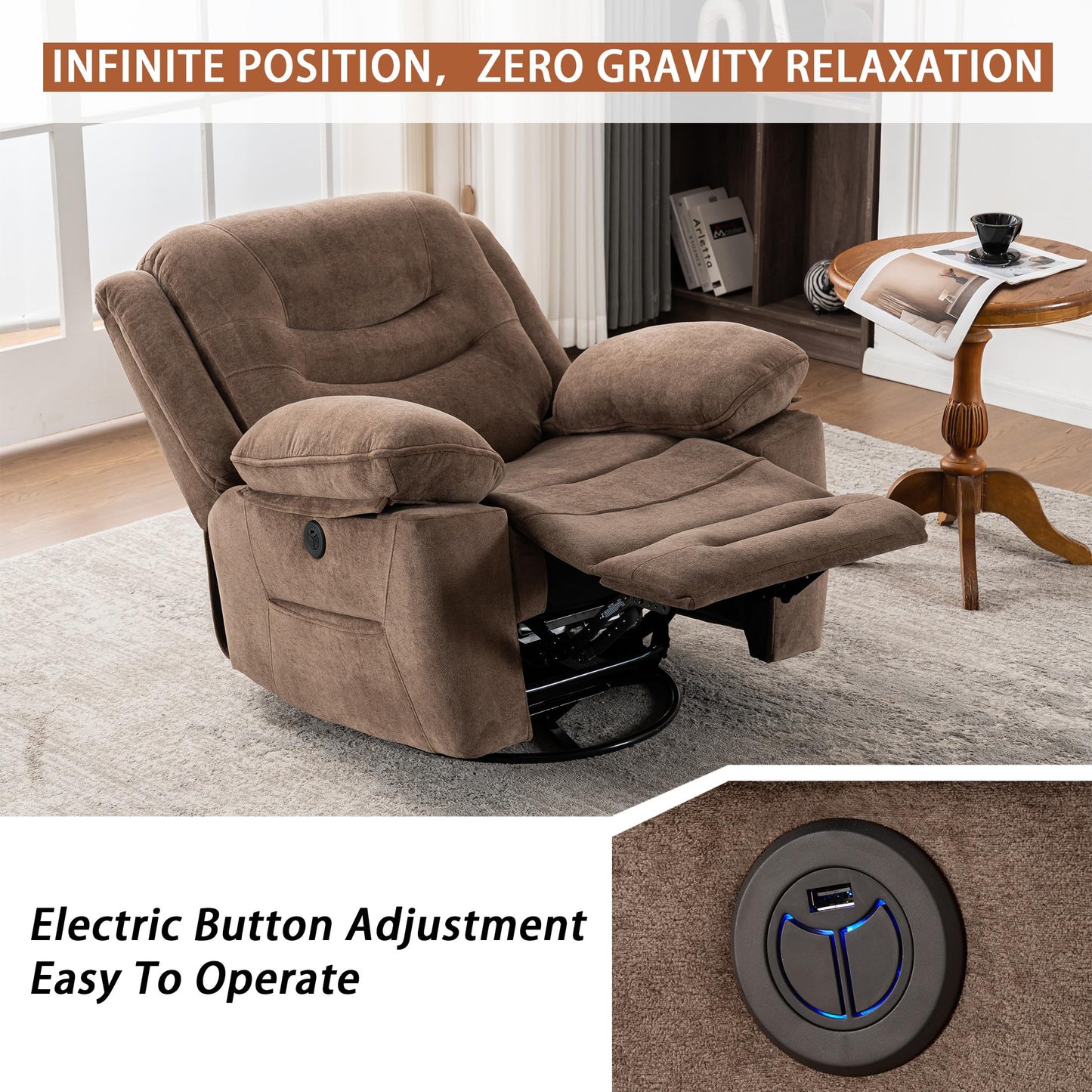 Ketaiyou Power Swivel Rocker Recliner with Massage and Heat, USB Port, Infinite Position, Overstuffed Electric Glider Rocking Chairs Living Room, Soft Fabric Reclining Sofa Chair(Mocha)
