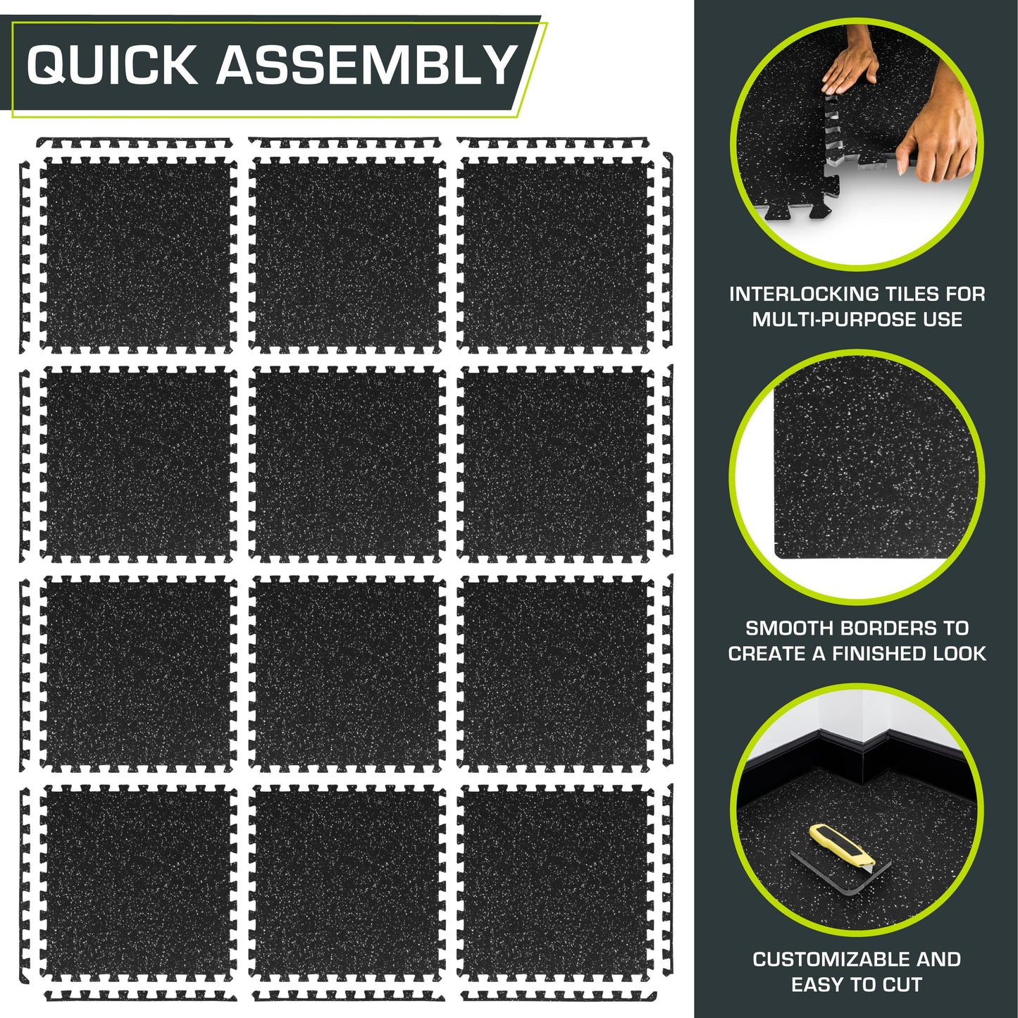 ProsourceFit Rubber Top Exercise Puzzle Mat 1/2-inch, 48 SQFT, 12 Tiles, EVA Foam Interlocking Tiles for Home Gym Protective Flooring for Equipment and Workouts, Grey