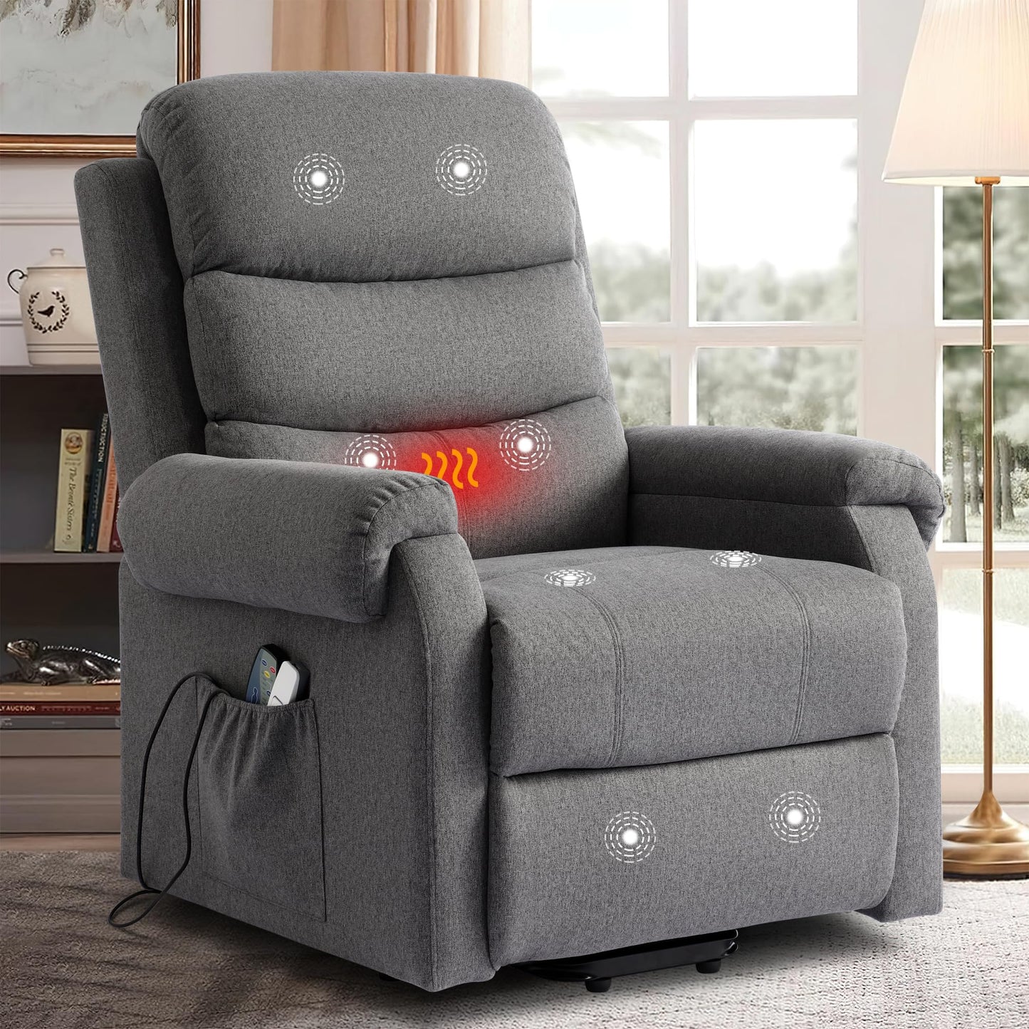 LOUVIXA Power Lift Recliner Chair Recliners for Elderly with Heat and Massage Recliner Chair for Living Room with Infinite Position and Side Pocket, USB Charge Port (Modern Grey)