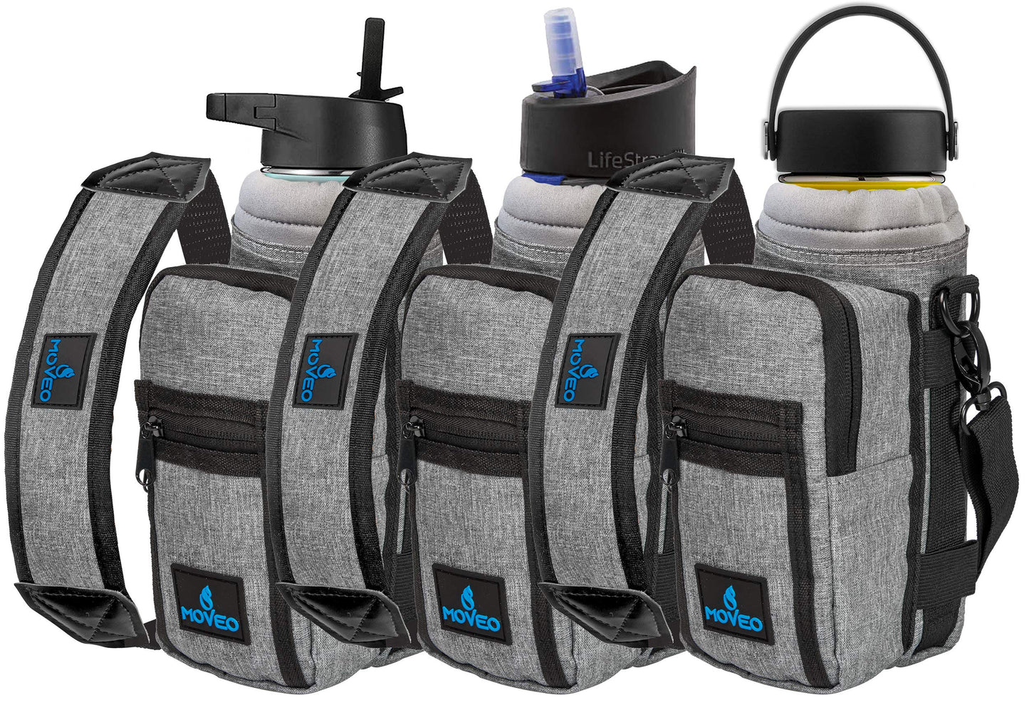 Water Bottle Holder/Carrier, Insulated w/Adjustable Shoulder Strap & Front Pockets - Comfortable Crossbody Water Bottle Holder - Water Bottle Sling Fits 16oz to 25oz Bottles