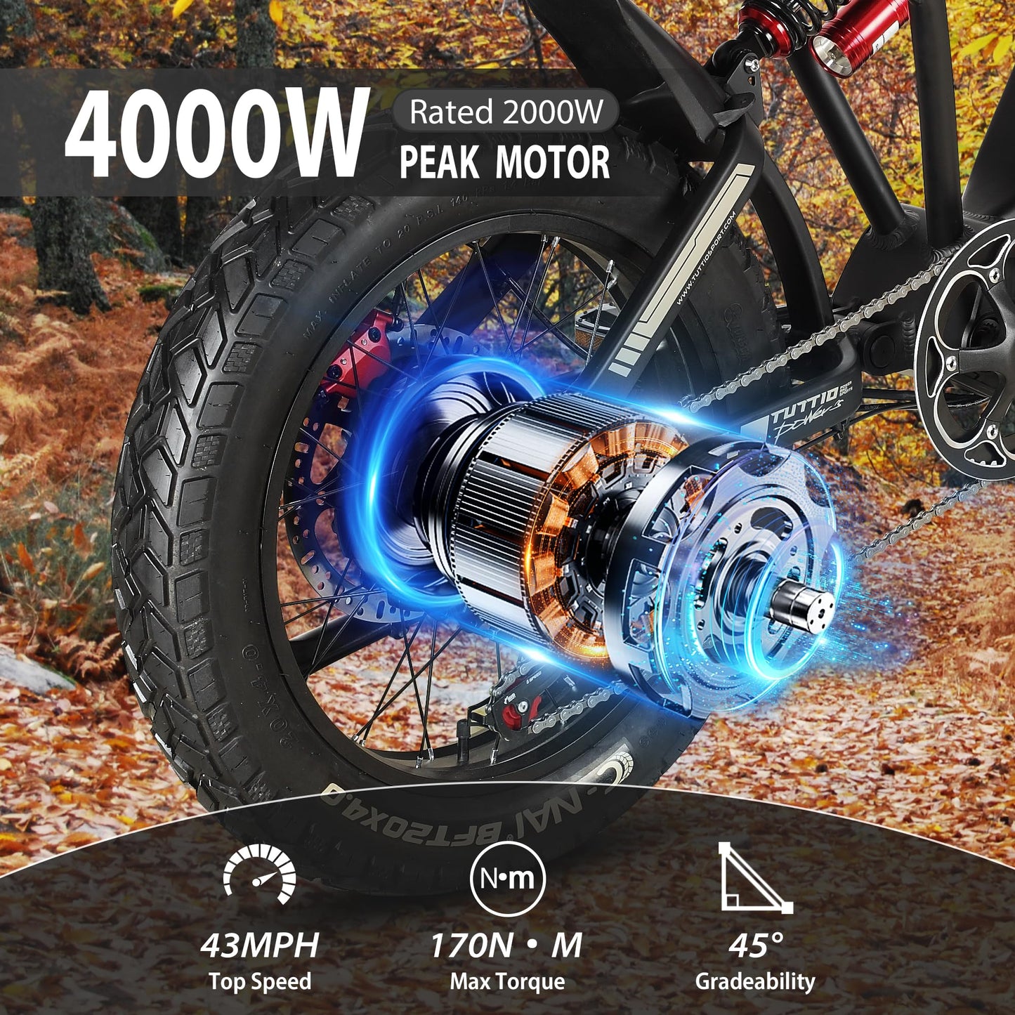 Tuttio Electric-Dirt-Bike for Adults-Teens, ICT Peak 4000W-43MPH-60V-25AH Electric Motorcycle 20" Fat-Tire-Electric-Bike for Mountain Snow Off-Road Fit Age 16+