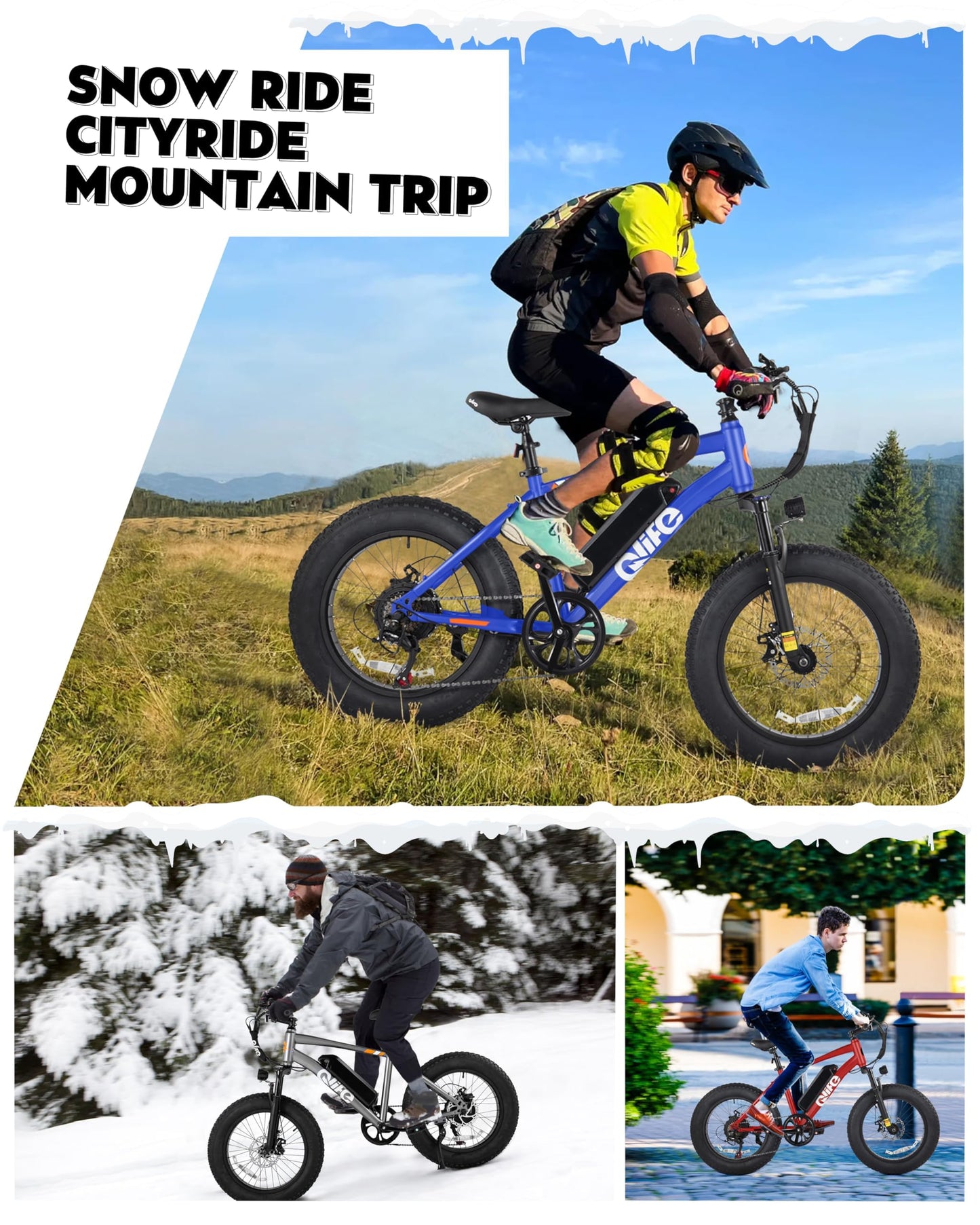 Qlife Racer Fat tire Electric Bike for Adults - 28MPH Mountain Ebike with Peak 1200W Brushless Motor, 499Wh Removable Battery, 20X4.0 Tire Step Over E-MTB with 7-Speed Black Classic