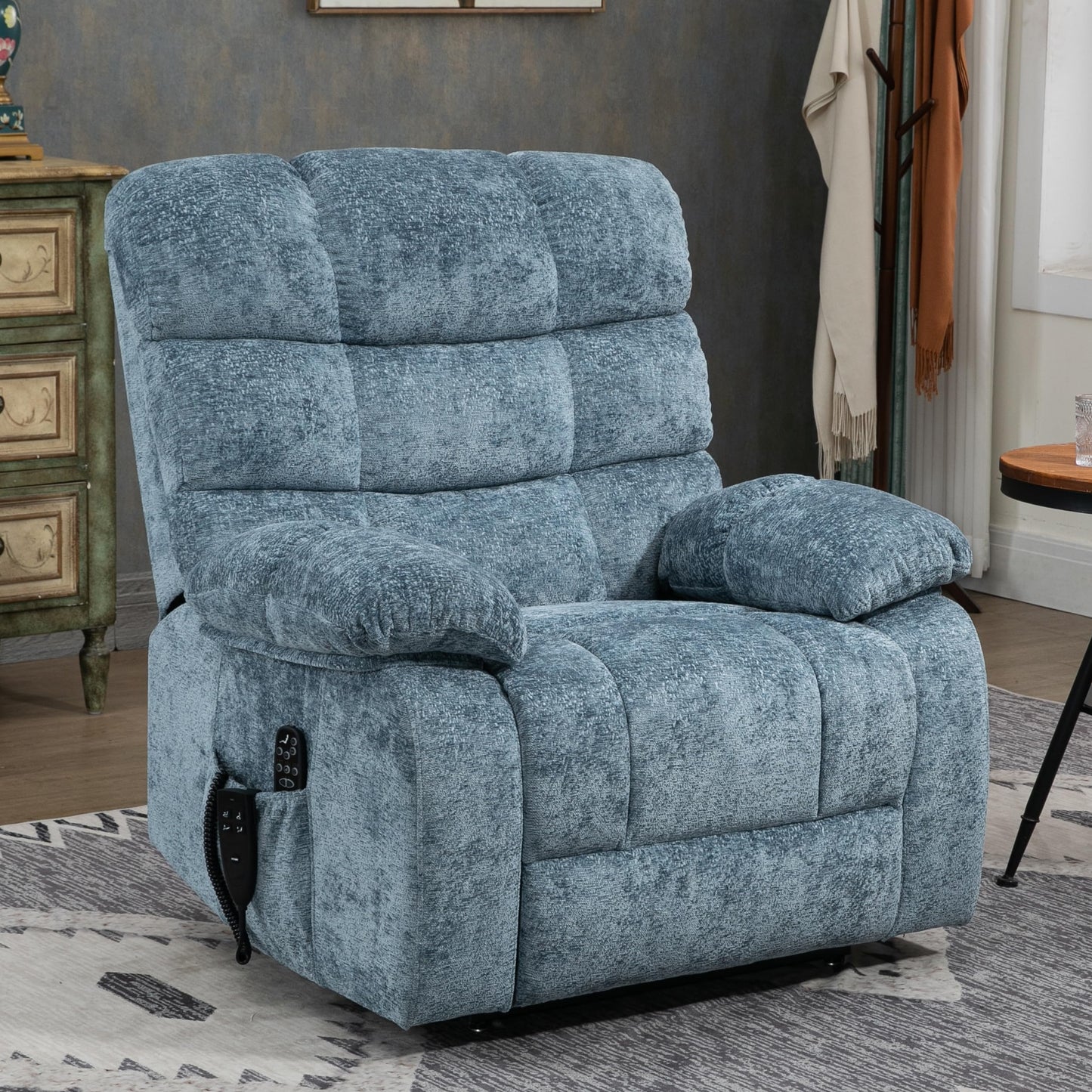 EZZUP Lay Flat Recliner with Vibration Massage and Lumbar Heating, 26'' Wide Chair with Infinite Position and 2 Remote Controls, Soft Chenille Lift for Living Room, Grayish Blue