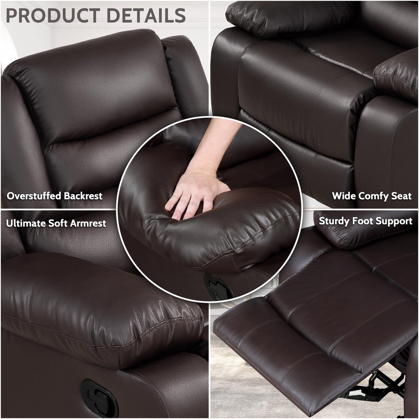 PrimeZone Oversized Rocker Recliner Chair - Comfy Wide Lazy Boy Recliner Chair with Overstuffed Armrest, Faux Leather Manual Reclining Chairs for Living Room, Bedroom, Home Theater Seating, Brown