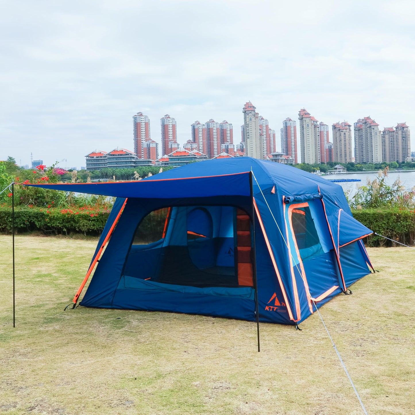 KTT Extra Large Tent 12 Person,14'Lx10'Wx7'H,Family Cabin Tents,Full Rainly,2 Rooms,2 Bay-Windows and 3 Doors 3 Windows with Mesh,Waterproof,Straight Wall,Big Tent for Outdoor,Picnic,Camping(Brown)