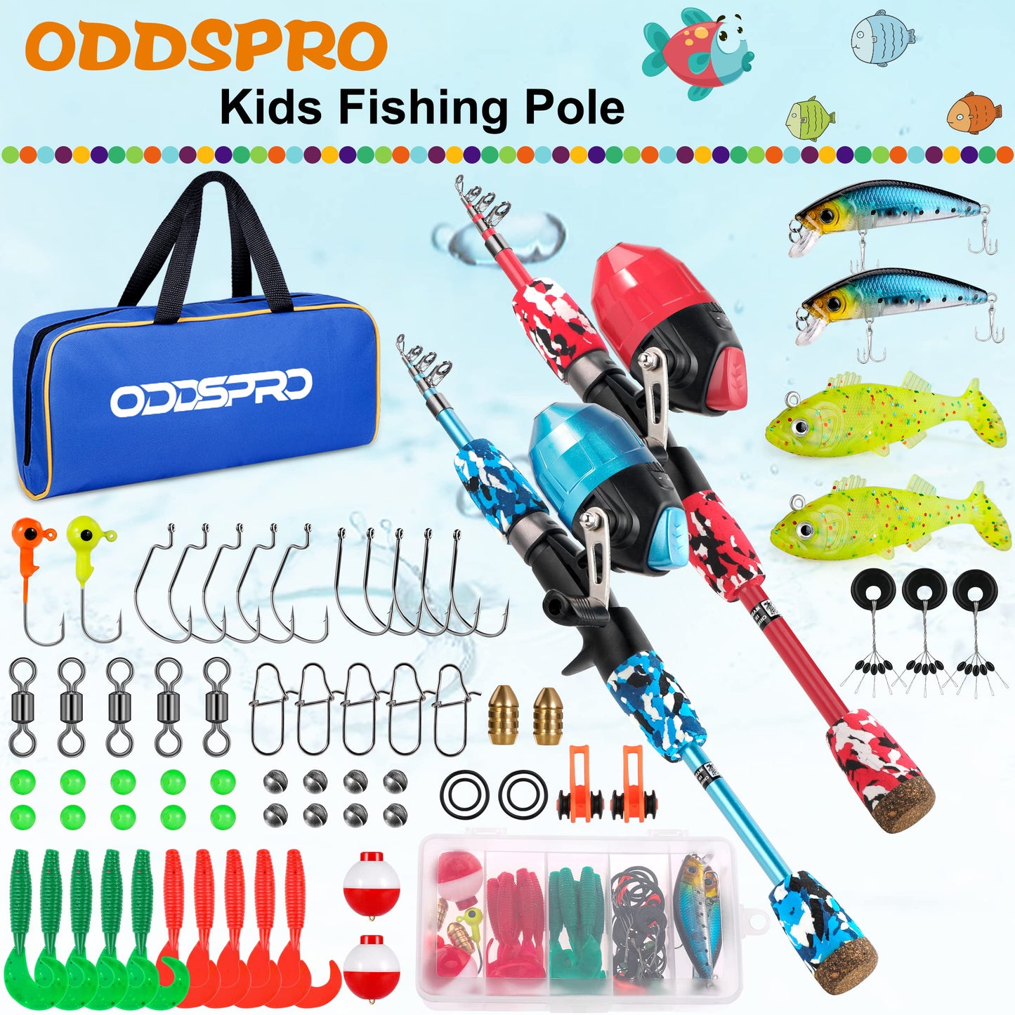 ODDSPRO Kids Fishing Pole - Kids Fishing Starter Kit - with Tackle Box, Reel, Practice Plug, Beginner's Guide and Travel Bag for Boys, Girls (2 pack (Blue+Red), 1.5M 4.92Ft)