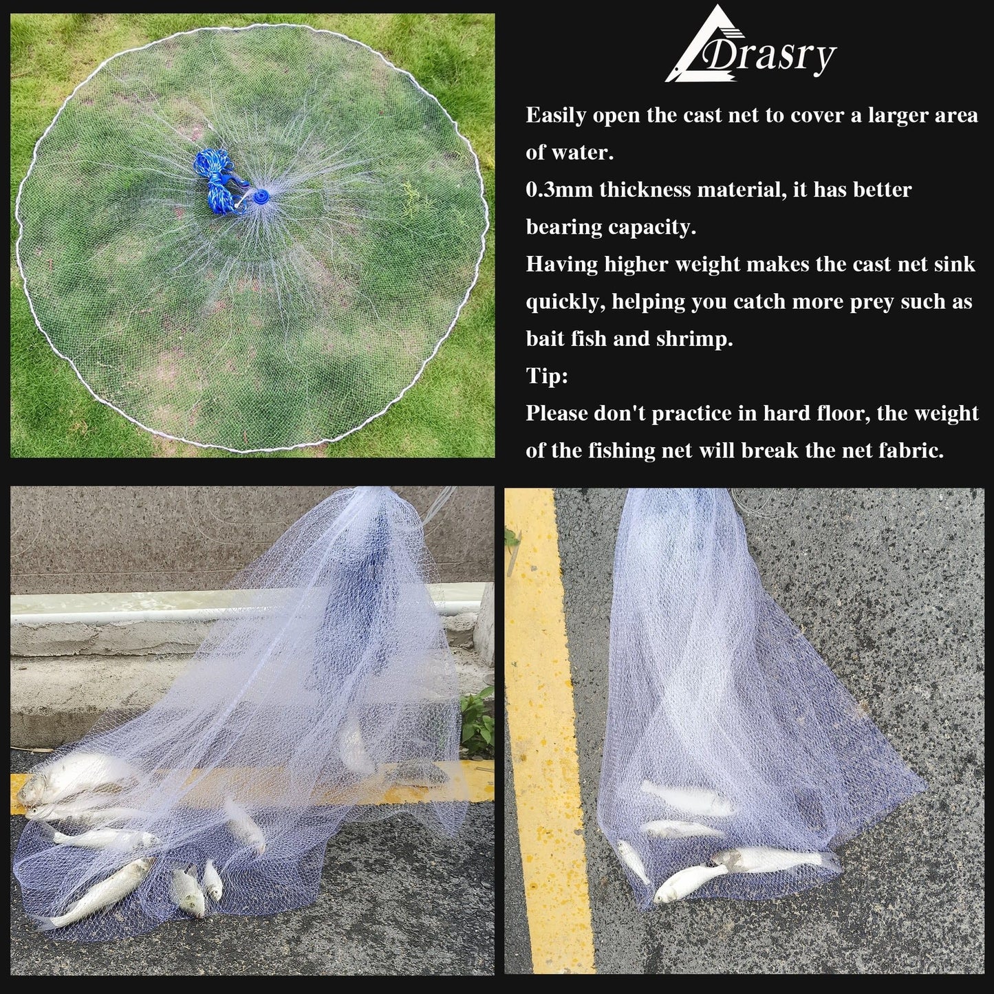 Drasry Saltwater Fishing Cast Net for Bait Trap with Heavy Sinkers Fish Throw Net. Size 3ft/4ft/5ft/6ft/7ft/8ft/9ft Radius Freshwater (Monofilament Lines Cast Net(3/8 Inch Mesh), 3FT(90cm) Radius)