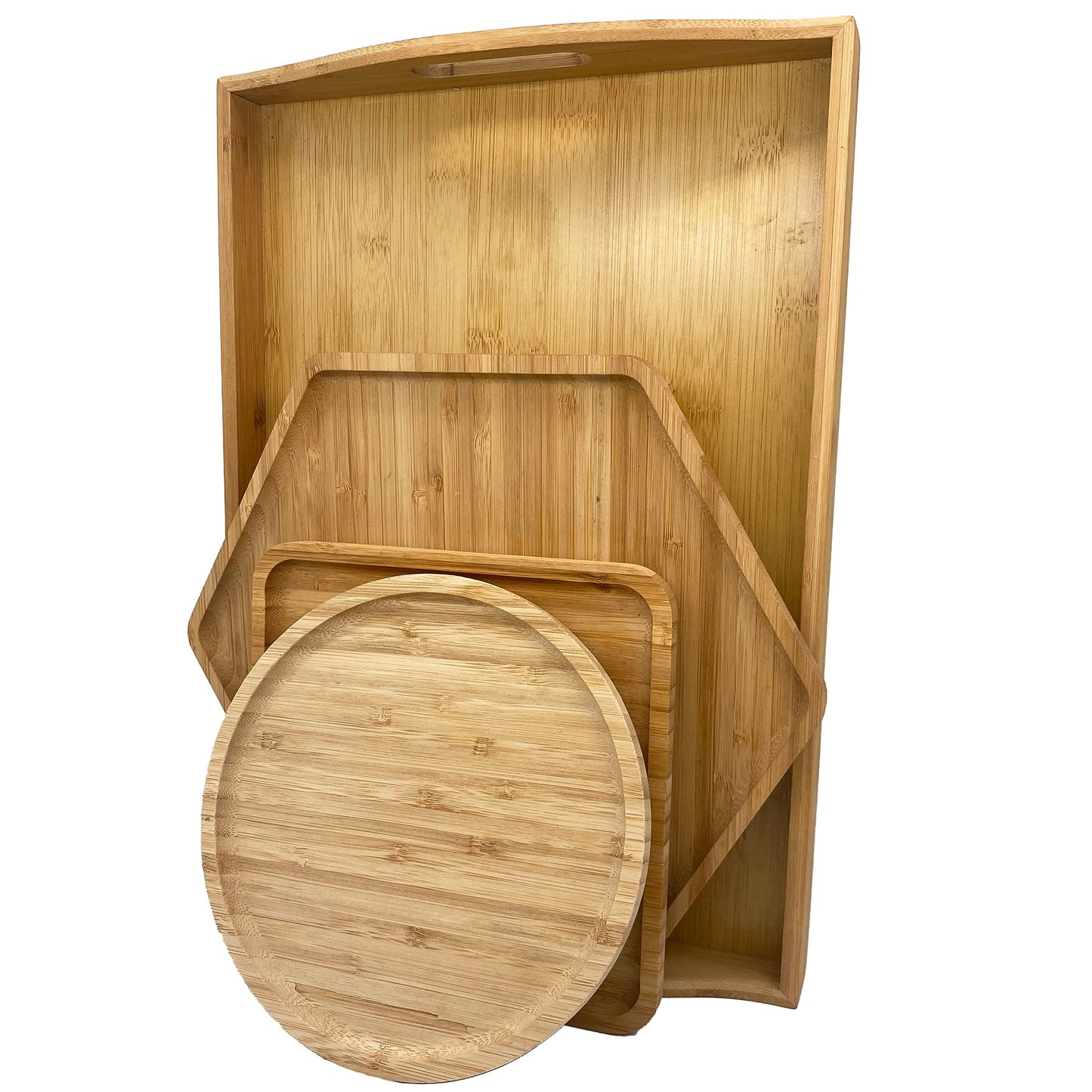Bamboo Serving Trays Charcuterie Platter 16.5"x11.8"(42x30cm with Handle, Set Includes 1xHexagon 12.5"(32cm)+1xSquare 7.8"(20cm)+1xSquare 5.9"(15cm) Small Plates for Family Dinner