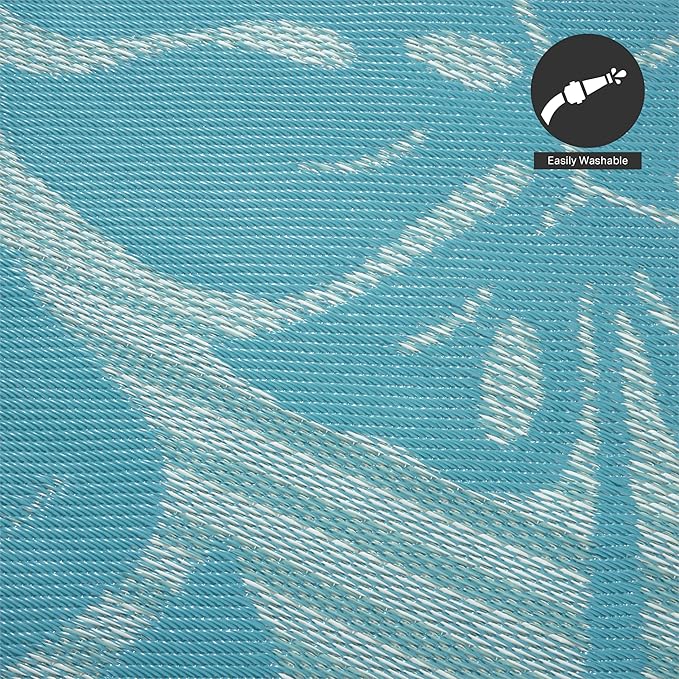 FH Home Outdoor Rug - Waterproof, Fade Resistant, Reversible - Premium Recycled Plastic - Tropical, Botanical - Patio, Deck, Porch, Balcony - Hana Leaves - Blue Crease Free - 5 x 8 ft