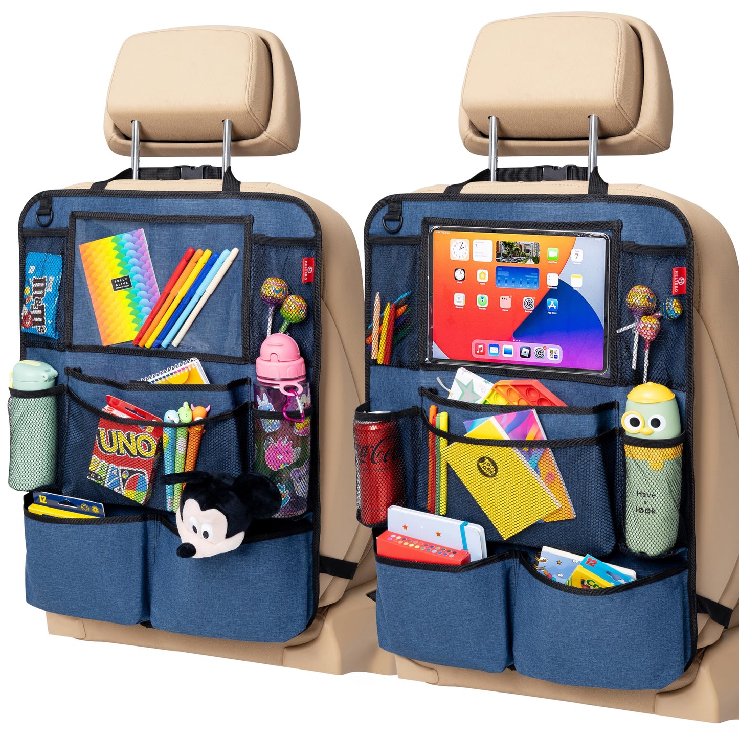 Backseat Car Organizer, Kick Mats Back Seat Protector with Touch Screen Tablet Holder, Back Seat Organizer for Kids, Travel Accessories with 9 Storage Pockets 2 Pack, Black