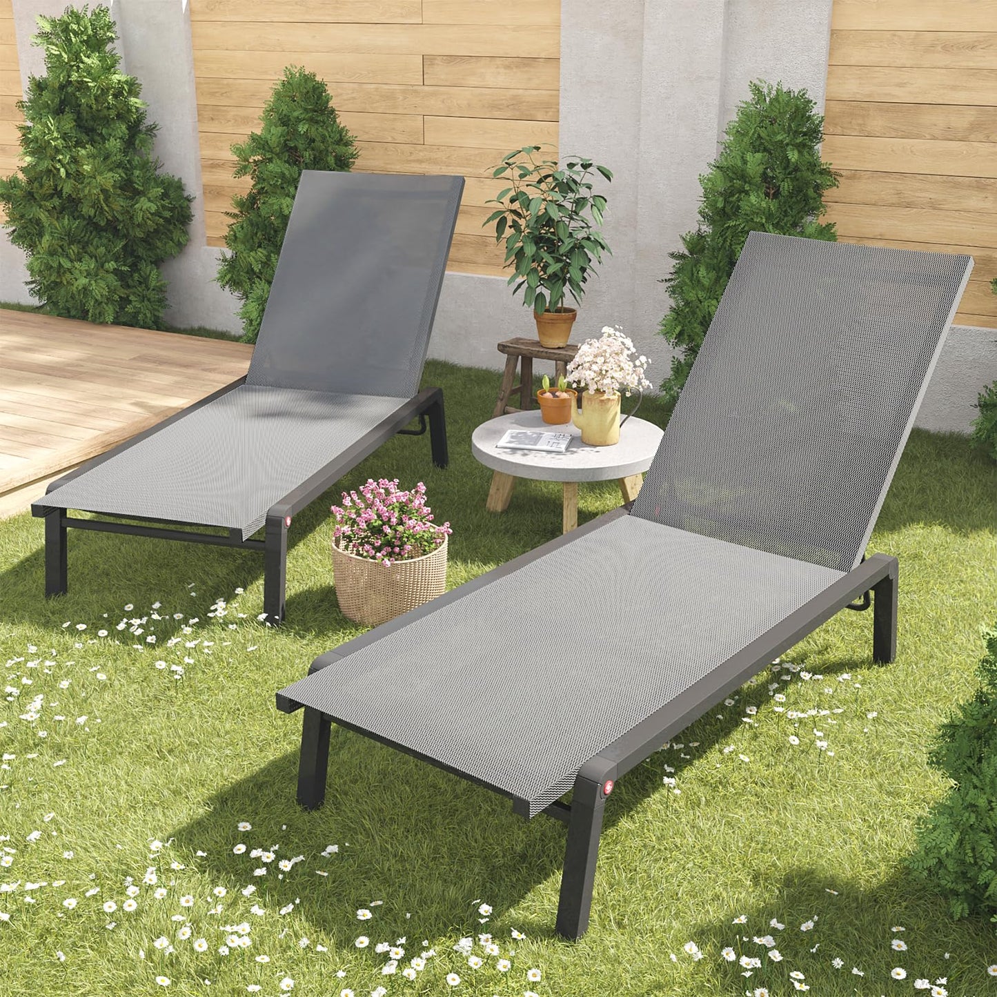 FHVIT Patio Chaise Lounge Set of 2 with 4 Adjustable Backrest, Foldable Aluminum Chaise Lounge Chair Recliner for Outdoor, Poolside, Sun Tanning Grey