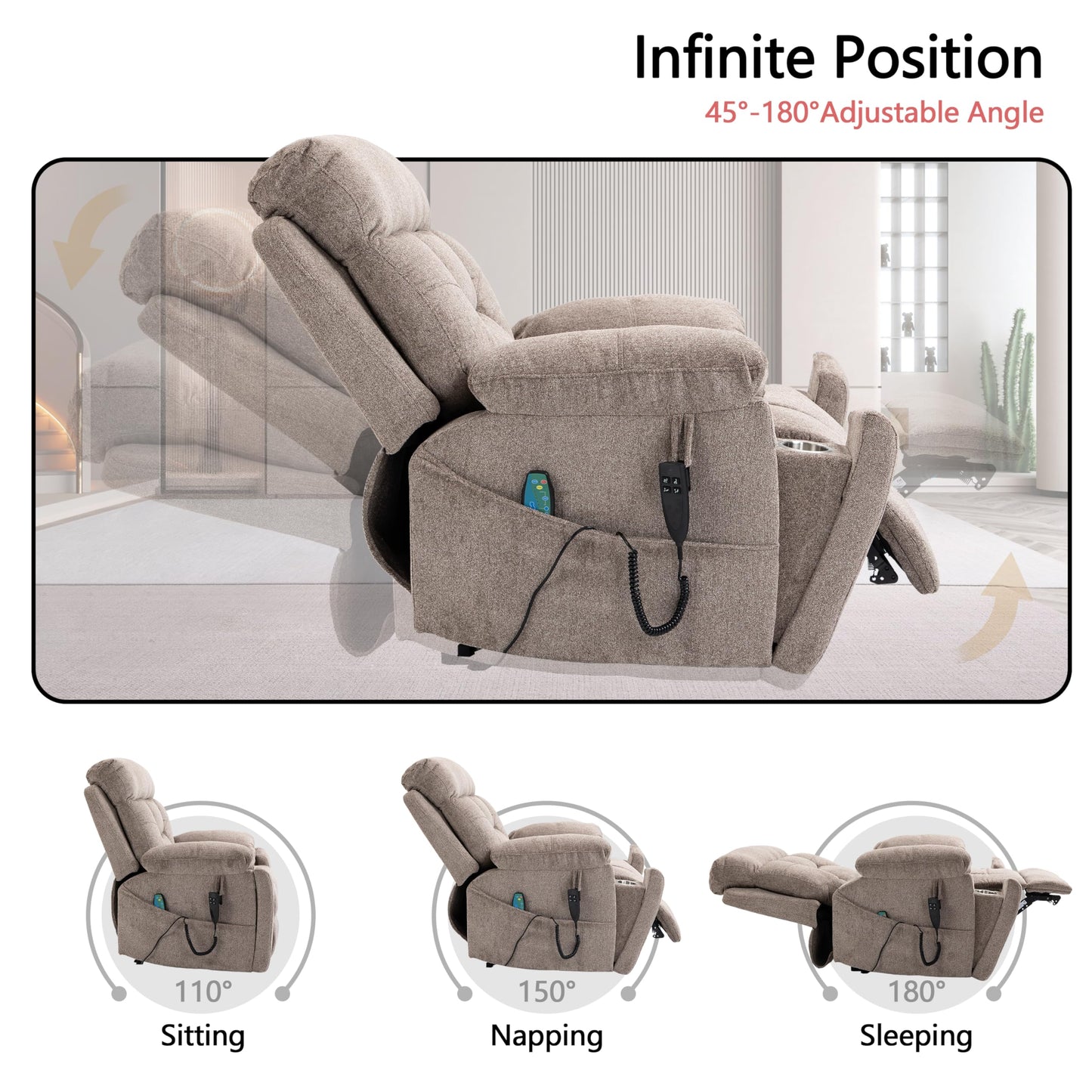 JIKFRIMA Dual Motor Power Lift Recliner Chair with Massage Heating for Adults Elderly, Electric Lift Chairs Lay Flat Recliners, Infinite Position, 2 Hidden Cup Holders