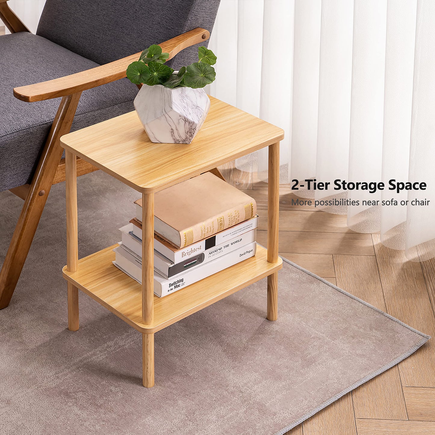 Apicizon 2 Tier End Table, Small Side Table with Solid Wood Legs, Boho Bedside Table with Storage Shelf, Nightstand for Small Spaces, Bedroom, Living Room, Entryway, Farmhouse, Easy Assembly, Natural