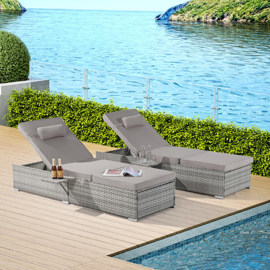 YOPTO Outdoor Chaise Lounge Chair Set of 2,Beach Rattan Recliners with 5-Position Adjustable Backrest and Table,Weatherproof Garden & Outdoor Furniture for Poolside,Light Gray