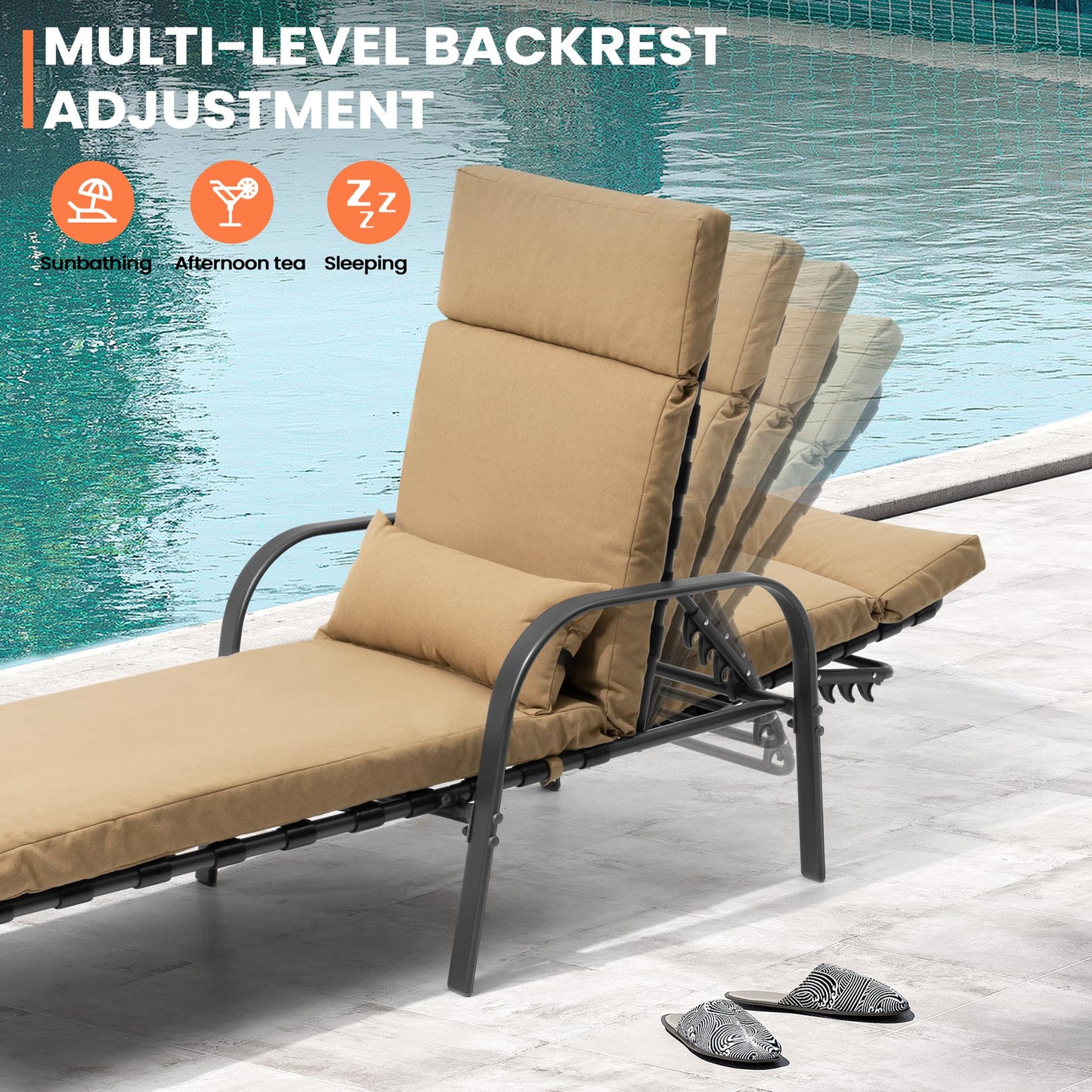 Pellebant Patio Chaise Lounge Chair with Cushion, Adjustable Lounge Chair with 5 Positions, Outdoor Recliners All Weather for Beach, Pool and Yard, 2 Pcs, Tan